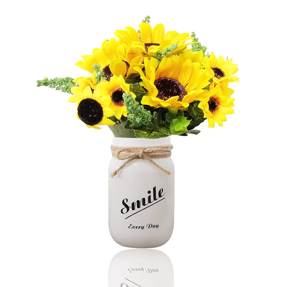 GUBIYU White Mason Jar with Fake Sunflowers - Rustic Bathroom & Kitchen Organizer Set, Toothbrush Holder, Country Countertop Decor for Farmhouse Living Room & Bathroom Accessories