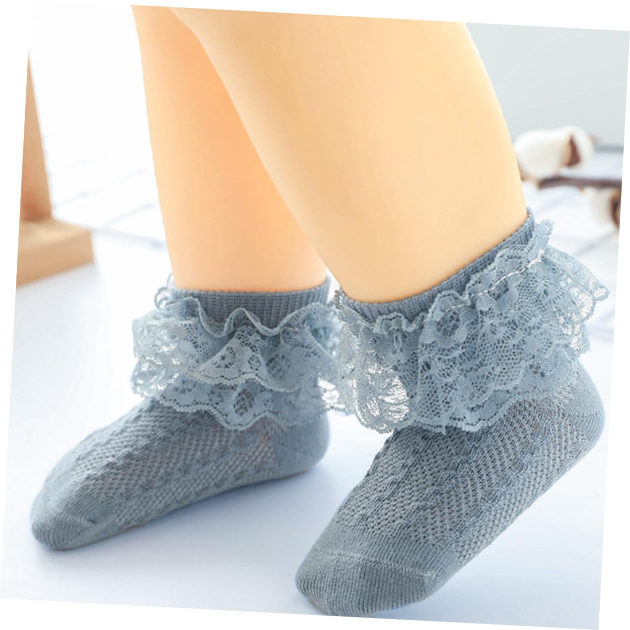 WRITWAA 2-Pack Baby Girl Cotton Socks with Lace Trim - Soft Breathable 2-Layer Design (3 Pairs Each) for Newborns, Toddlers & Special Occasions