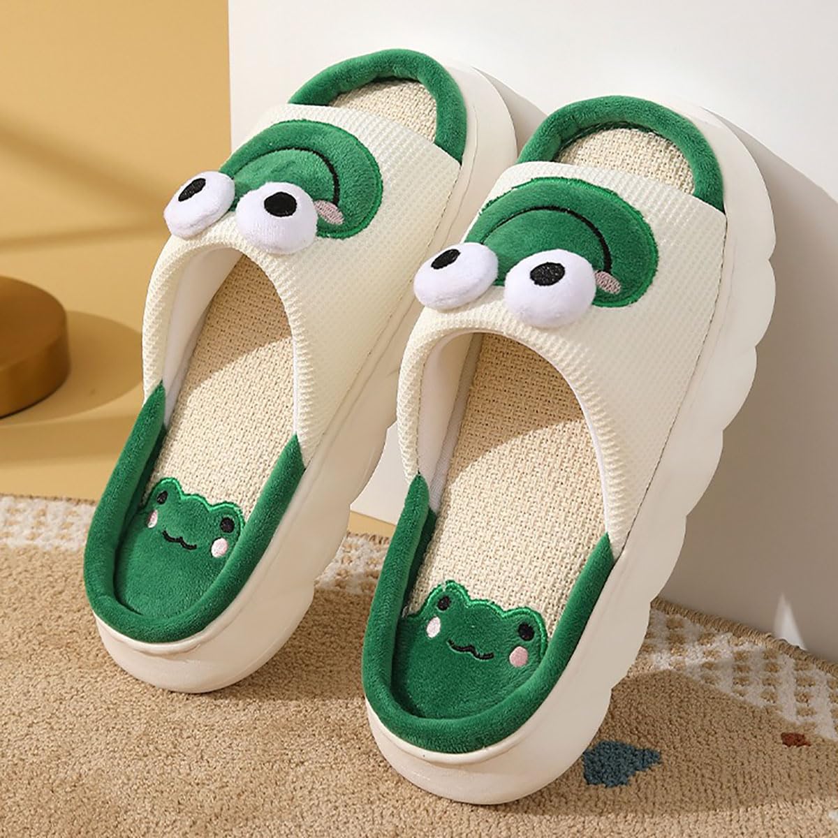 Women's Cow Print Slippers - Cute Cartoon Frog House Shoes - All Season Indoor Non-Slip Linen Slippers for Women - Cozy Home Wear, Perfect for Lounge, Bedroom & Gift Giving