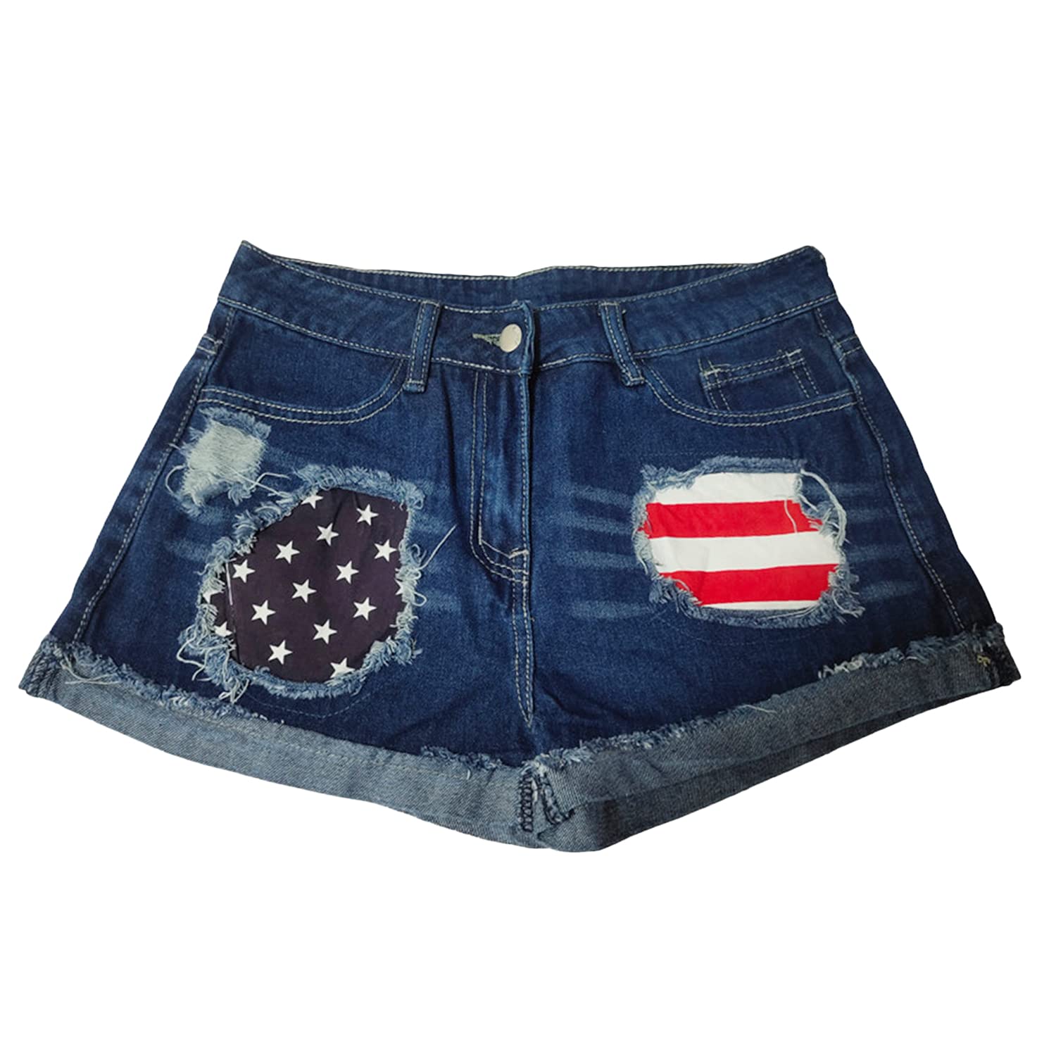 Women's American Flag Striped Printed Denim Shorts - Casual Ripped Hole Low Waist Frayed Raw Jean Shorts (Blue, XX-Large) | Perfect for Summer Outings, Beach Vacations & 4th of July Celebrations