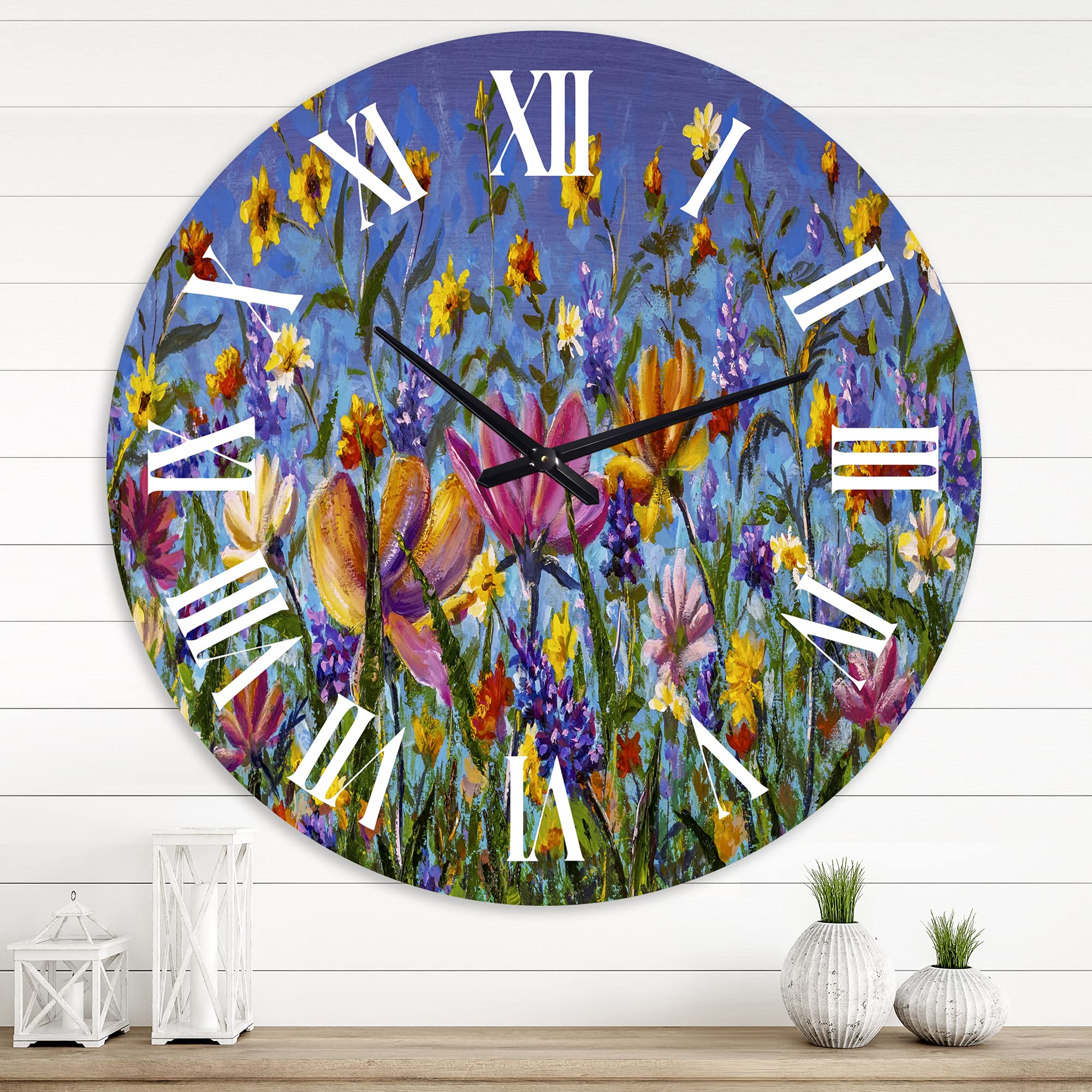 DesignQ Traditional Floral Wall Clock - Large Daisies and Wildflowers Summer Garden Decor for Kitchen, Living Room & Bedroom | Perfect Home & Office Decoration