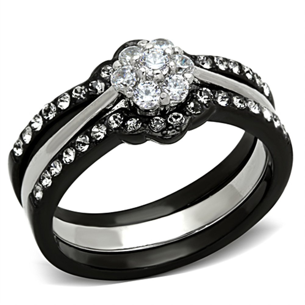 1.85ct CZ Black Stainless Steel Wedding Ring Set for Women Size 5-10 - Elegant Bridal Jewelry