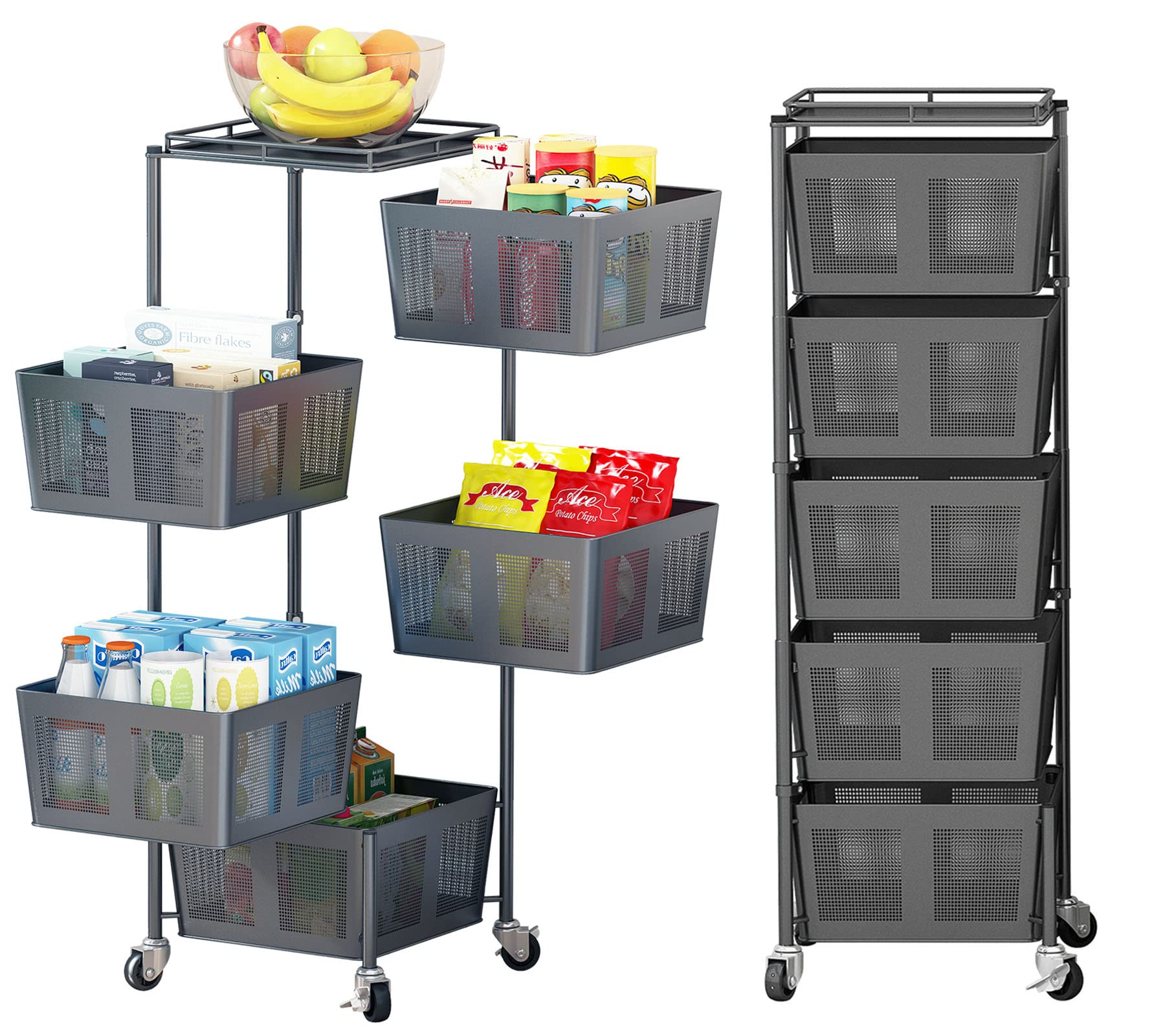 5-Tier Rotating Mesh Kitchen Storage Cart with Wheels - Organize Fruits, Vegetables & Utensils - Space-Saving Black Shelf for Pantry, Laundry Room & Small Spaces