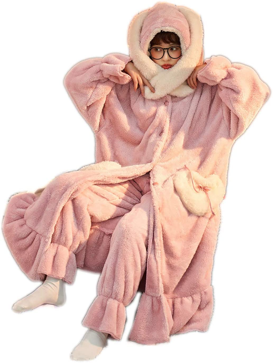 Cozy Fleece Pajama Set for Women - Flannel Hooded Robe with Ears & Tight Cuffs | Winter Plush Homewear | Plus Size X-Large Pink | Perfect for Lounging, Sleepovers & Cold Weather Comfort