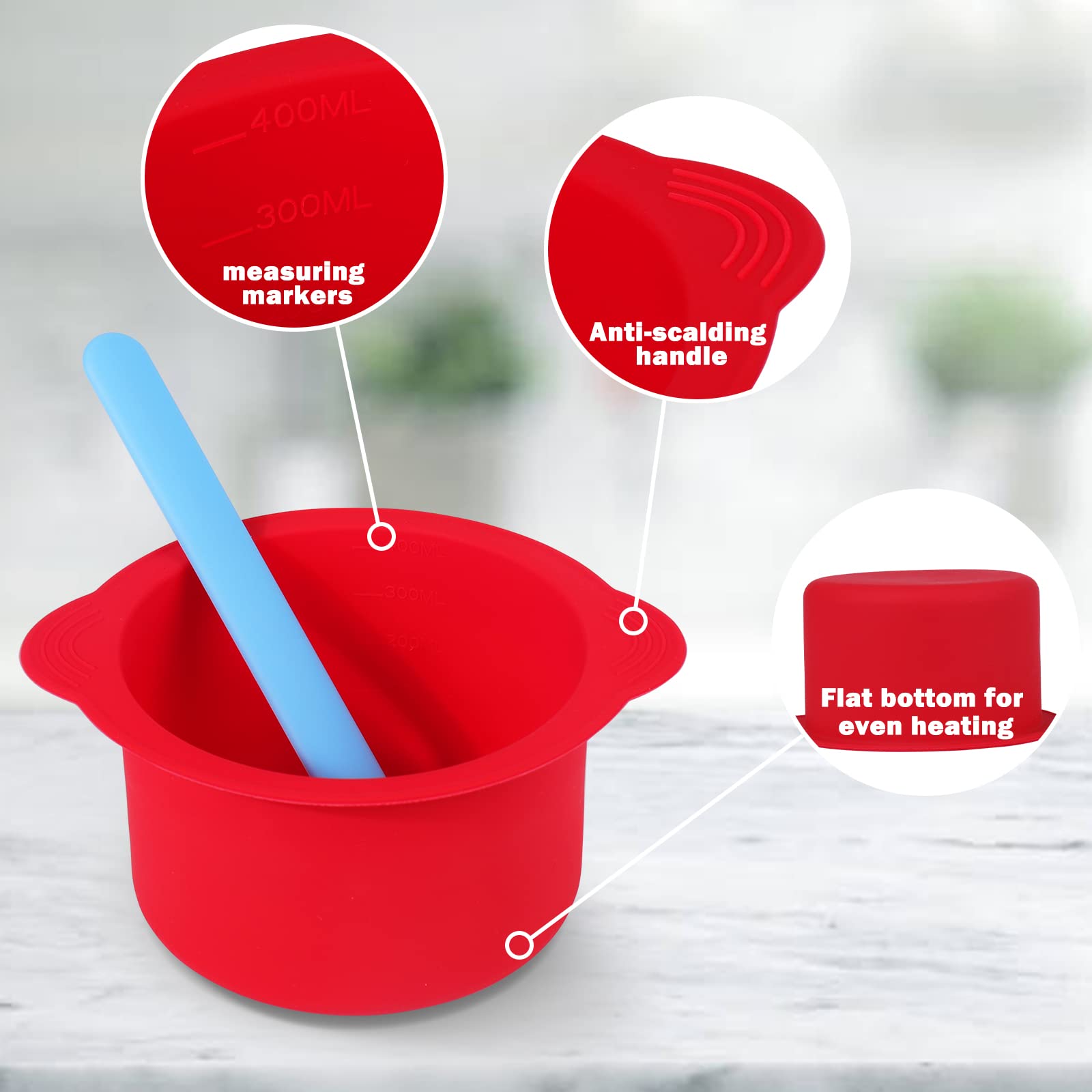 2-Pack Silicone Wax Warmer Liners - Non-Stick Wax Pot Replacement Bowls with 2 Silicone Spatulas for Hair Removal (Blue & Red) | Reusable Wax Melting Accessories for Home Salon & DIY Beauty Treatments