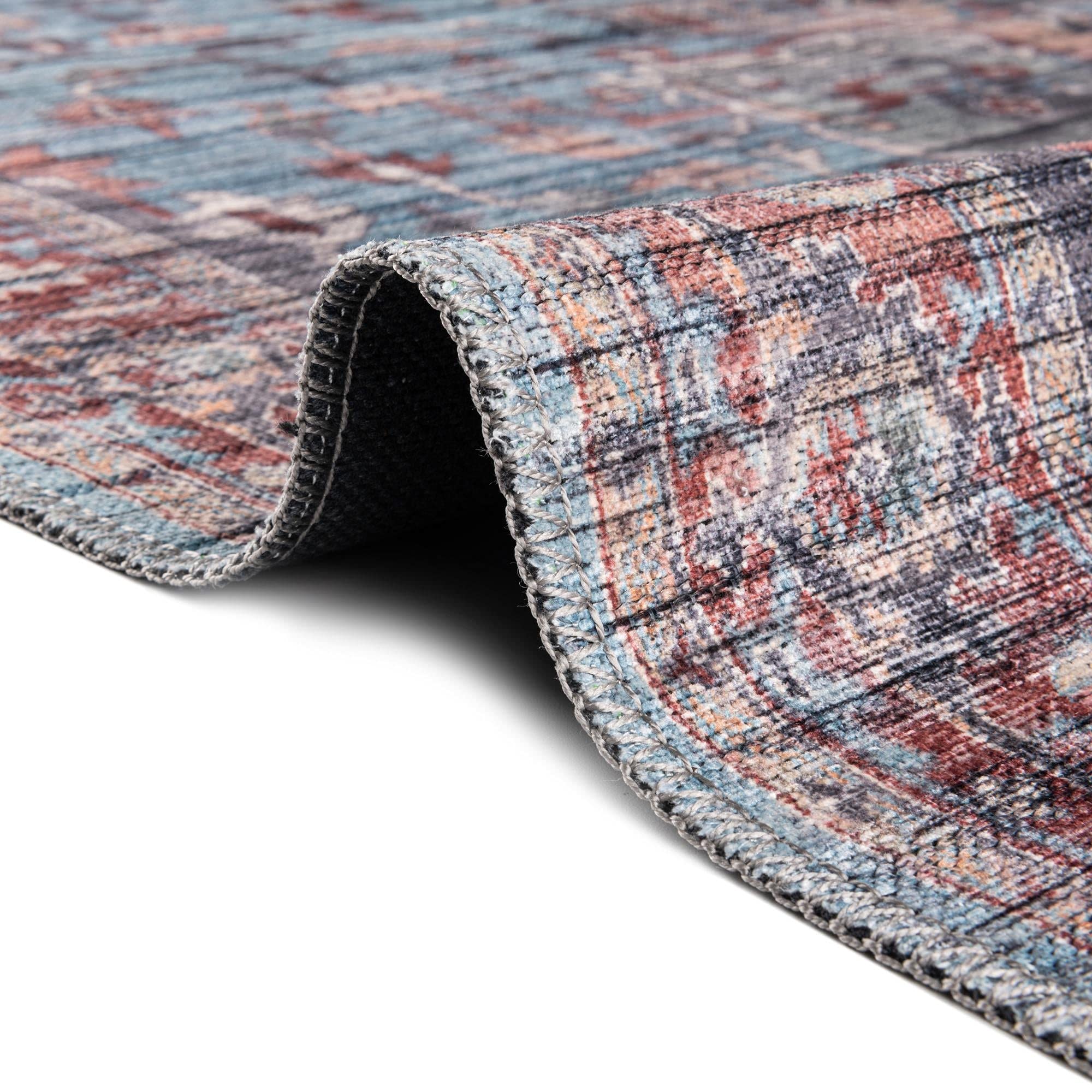 Maahru Collection Washable Rug – 9' x 12' Blue Low-Pile Indoor Rug | Soft & Durable for Living Room, Dining Room, Bedroom | Pet & Kid Friendly | Easy Clean Non-Slip Backing