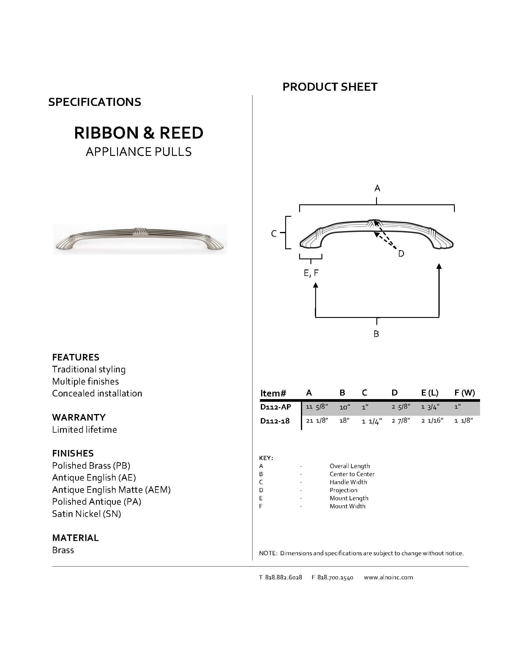 D112-AP-AEM Traditional Antique English Matte Appliance Pull Ribbon & Reed - Vintage Cabinet Hardware for Kitchen & Furniture Restoration