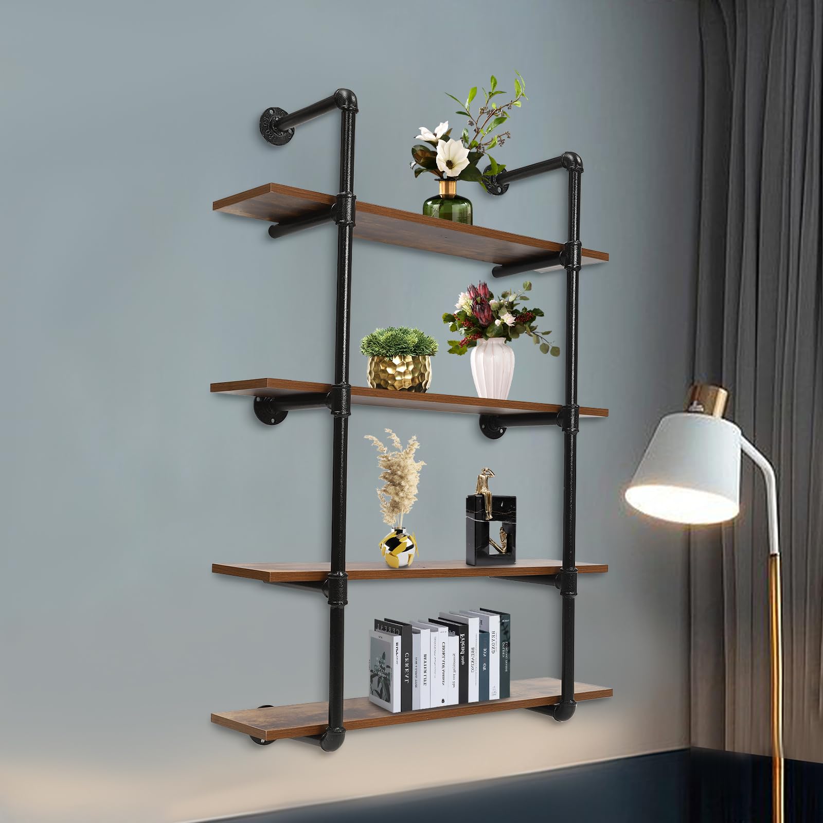 4-Tier 30-Inch Industrial Pipe Floating Shelves - Rustic Metal Wall Mounted Bookshelf for Living Room, Bedroom, Kitchen & Bathroom - Heavy Duty Storage Shelf Unit for Home, Office, Supermarket & Retail Stores