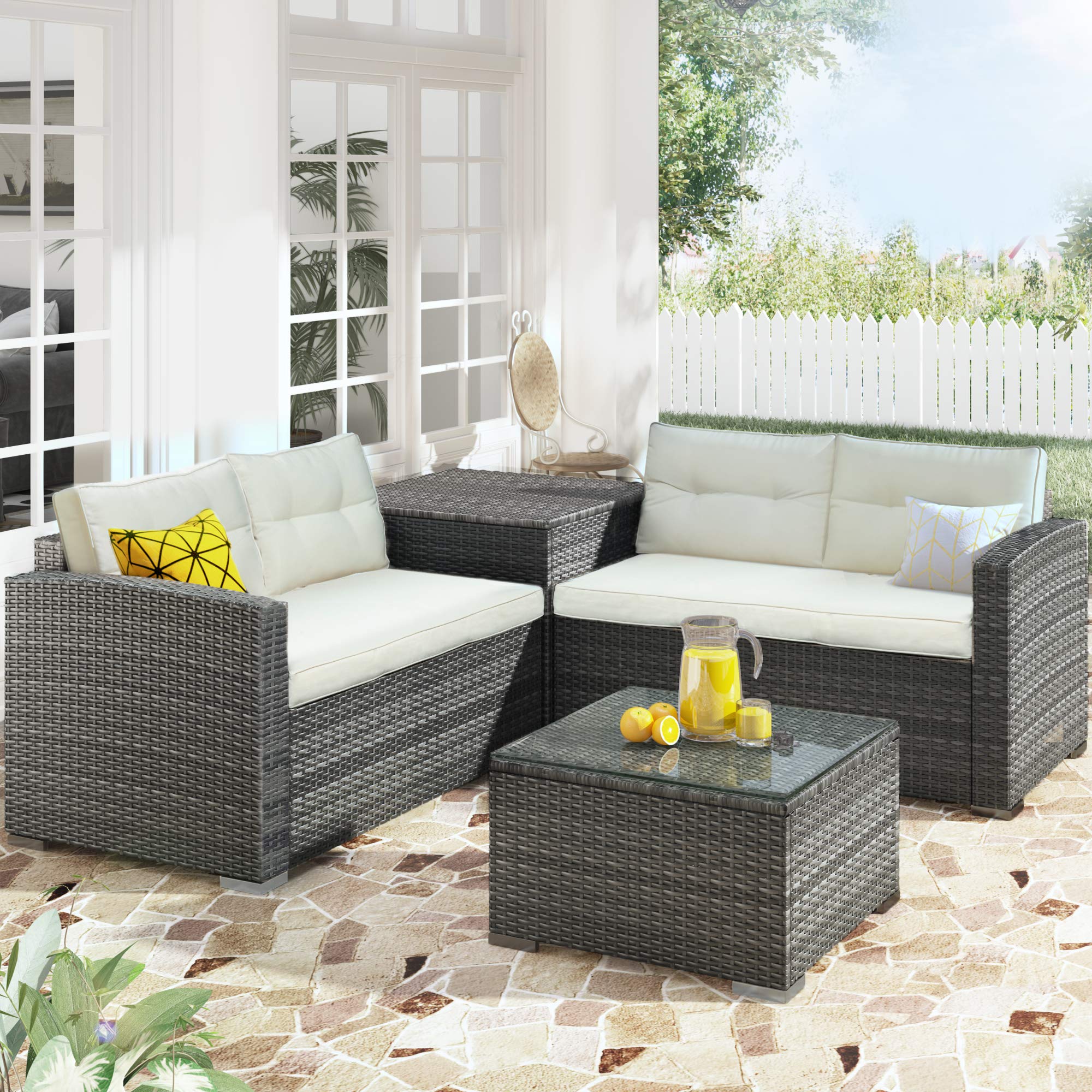 Harper & Bright Designs 4-Piece Outdoor Patio Furniture Set - Wicker Rattan Sofa Conversation Set with Coffee Table & Large Storage Box | Perfect for Backyard, Garden, Poolside & Patio Relaxation
