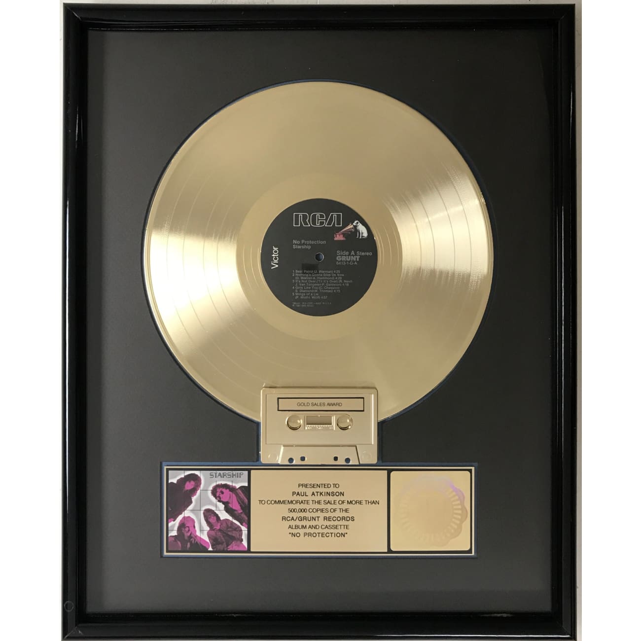 Jefferson Starship No Protection RIAA Gold LP Award - Vintage Vinyl Record for Music Collectors & Audiophiles - Perfect for Home Listening & Display