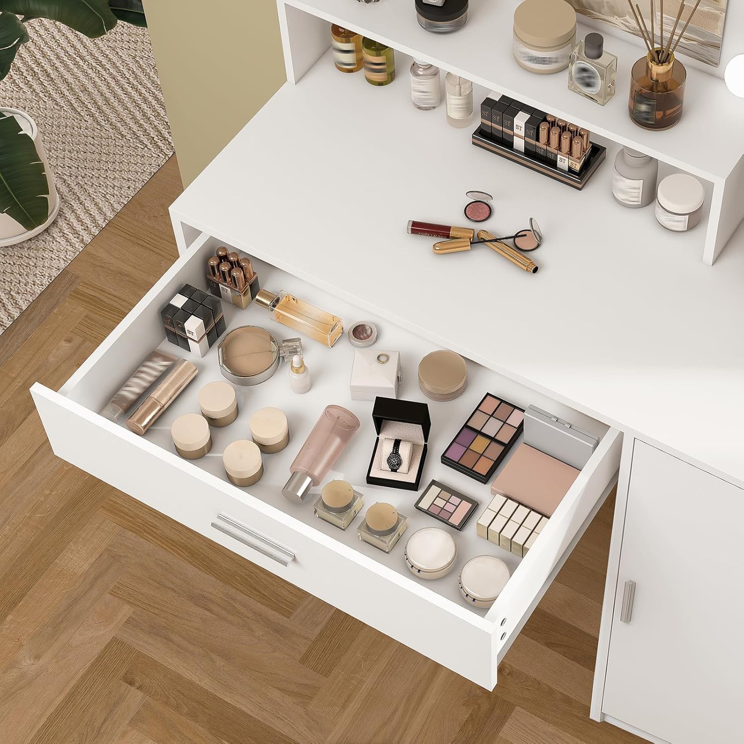 Quimoo Vanity Desk with Mirror & Lights - 3 Colors, Adjustable Brightness for Bedroom Makeup