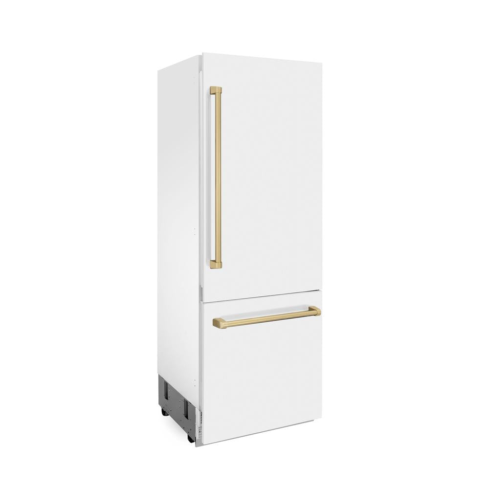ZLINE Autograph Edition 30 Inch Built-In Bottom Freezer Refrigerator - 16.1 cu ft Capacity, Water Dispenser & Ice Maker - White Matte Finish with Champagne Bronze Accents (RBIVZ WM 30 CB) - Perfect for Modern Kitchens, Open-Concept Homes & Luxury Appliances Collection
