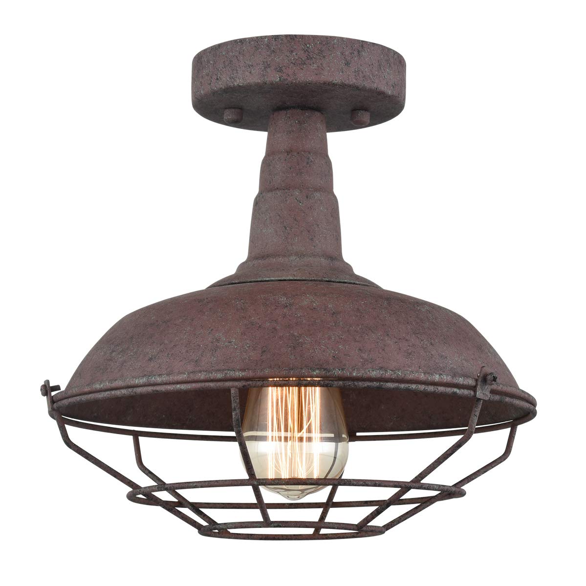 Rustic Semi-Flush Ceiling Light - Metal Barn Wire Cage in Rust Finish - 1-Light Fixture for Foyer, Kitchen, Mudroom, Farmhouse & Industrial Decor