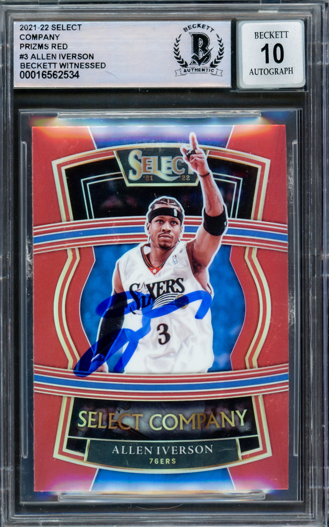 Allen Iverson Autographed 2021-22 Select Company Prizms Red Card #3 Philadelphia 76ers Beckett BAS Gem Mint 10 Auto Graded Card - Perfect for NBA Memorabilia Collectors, Sports Fans & Gift Ideas
