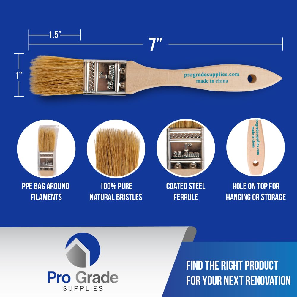 Professional Grade 1 Inch Chip Paint Brushes - Pack of 12 Light Brown Natural Bristle Brushes for Wood Staining, Furniture Repair & DIY Crafts