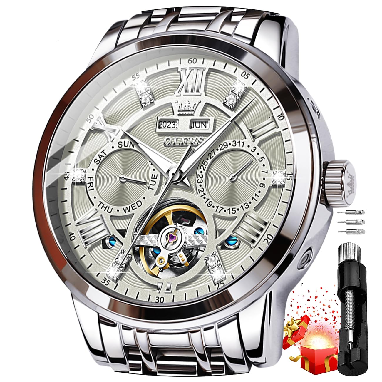 OLEVS Men's Automatic Luxury Gold Diamond Dress Watch - Self-Winding Mechanical Skeleton Tourbillon Stainless Steel Wristwatch for Business, Formal & Special Occasions