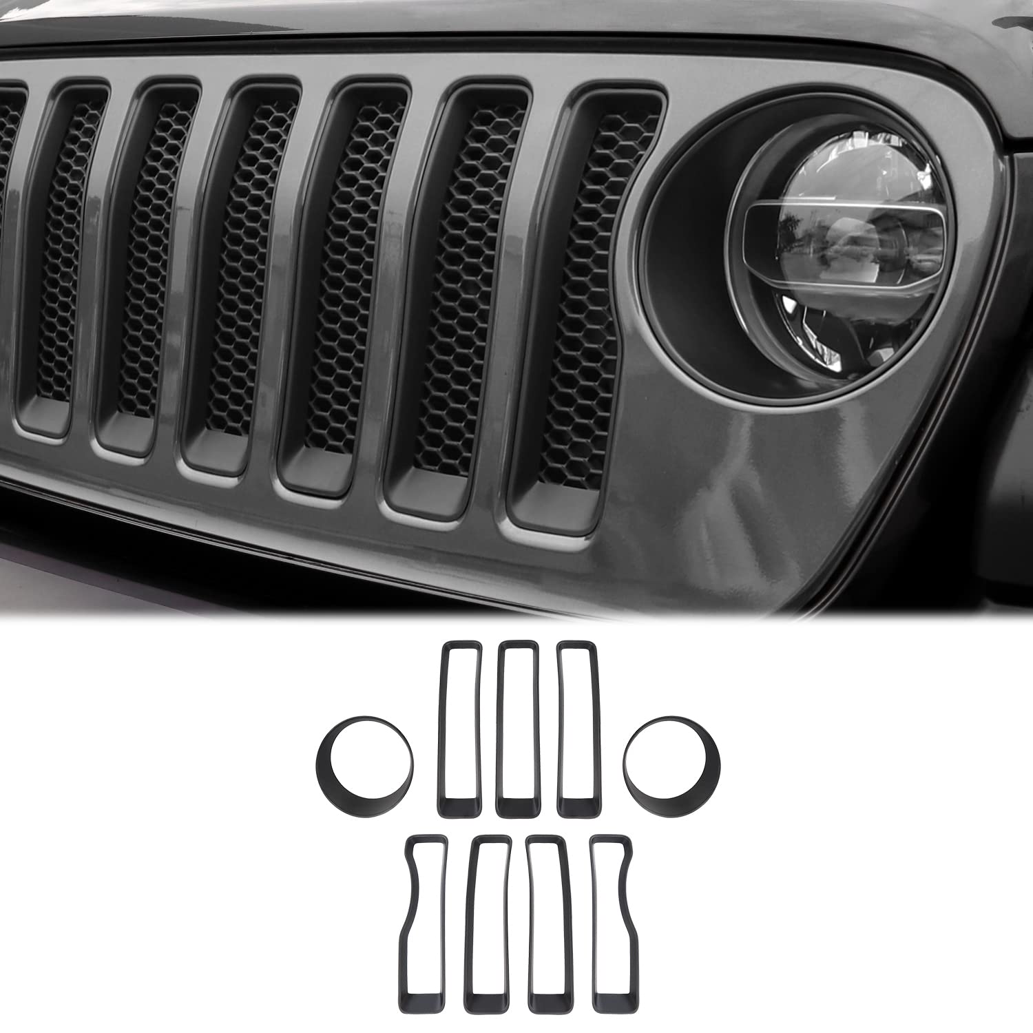 CheroCar Black Mesh Grille Insert & Headlight Turn Signal Cover Trim - Exterior Accessories for 2018-2022 Jeep Wrangler JL - Durable & Stylish Upgrade for Off-Road Adventures