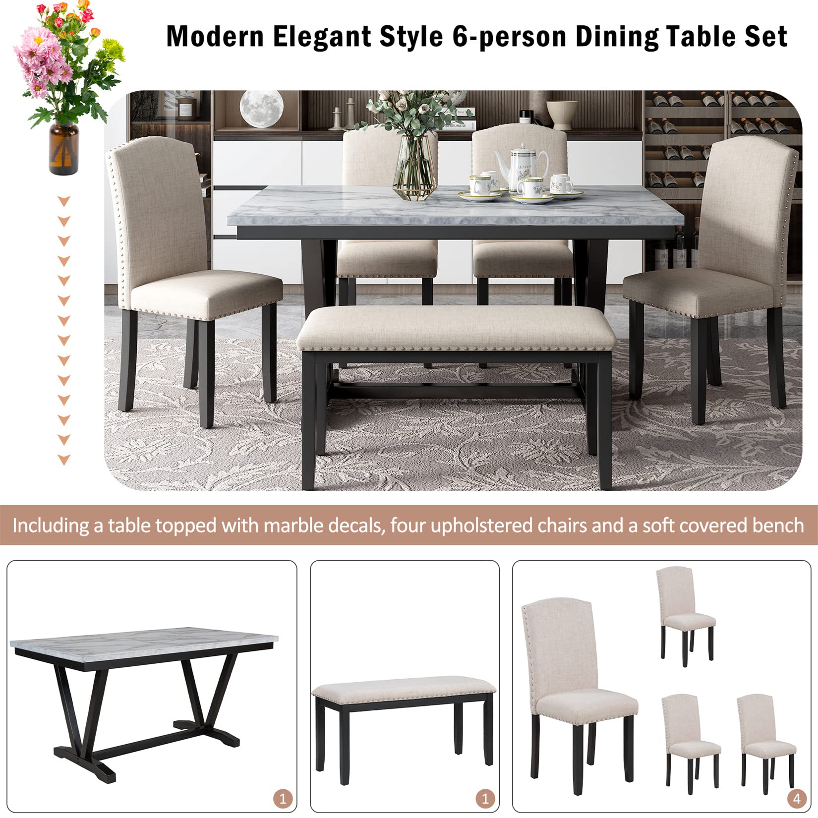 6-Piece Wooden Dining Table Set with Marbled Veneer Tabletop & 4 Upholstered Chairs + Bench - Urban Style Kitchen Dinette for 6 People | Perfect for Small Spaces, Breakfast Nooks & Modern Apartments