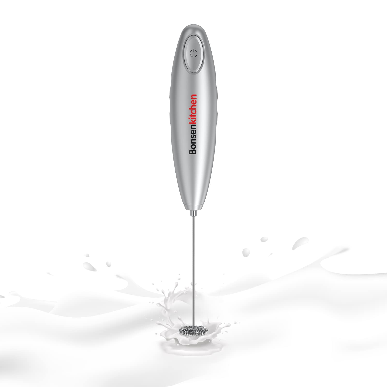 Bonsenkitchen Handheld Milk Frother - Automatic Battery Operated Foam Maker for Coffee, Matcha, Hot Chocolate, Mini Drink Mixer - Silver - Perfect for Home, Office & Cafe Use