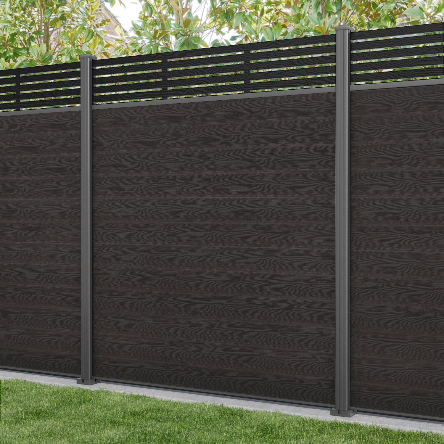 Classic Aspen Fence Panel - Dark Oak Wood Privacy Fence with Aluminum Posts | Durable Outdoor Garden Fence for Backyard, Patio & Pool Area