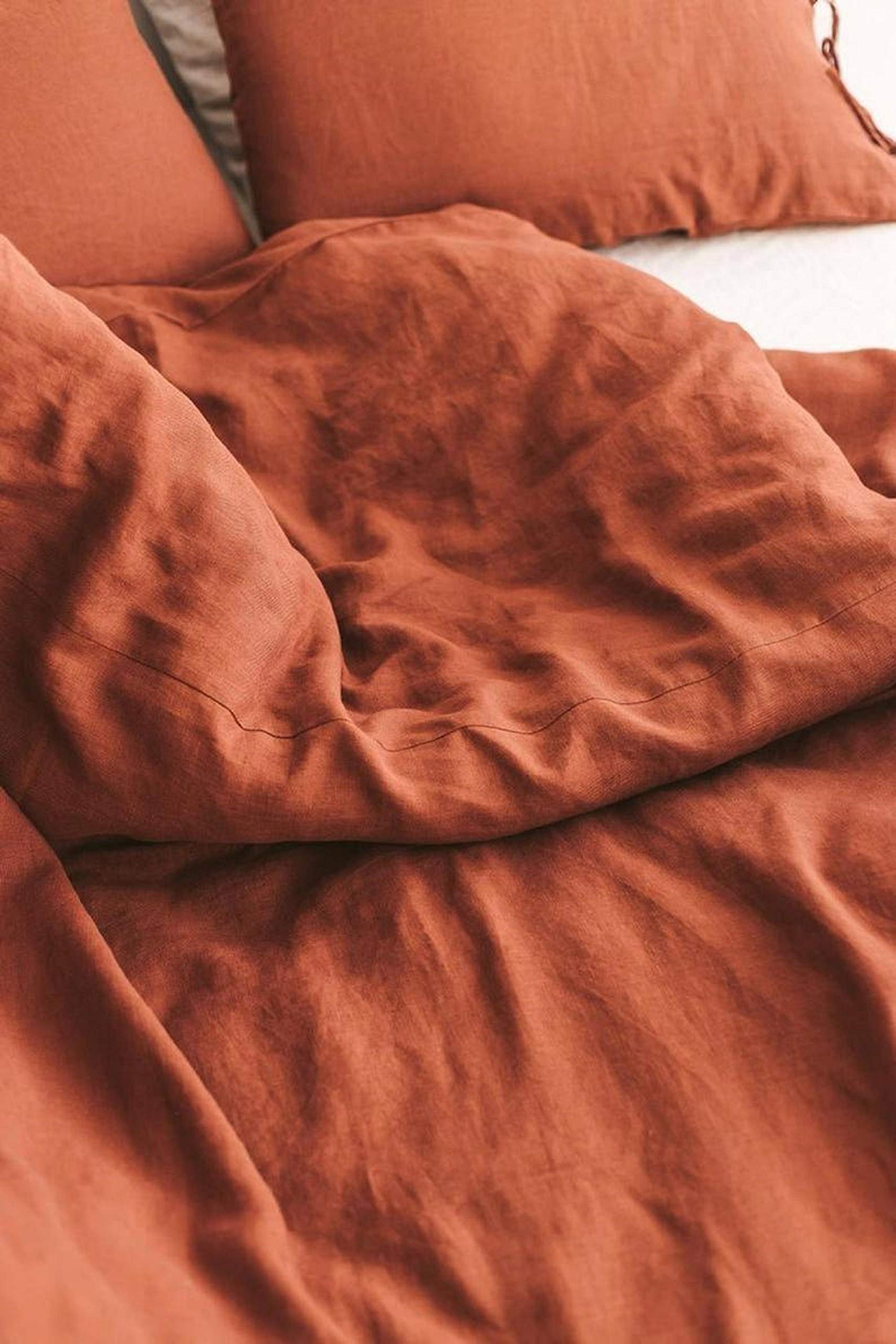 Burnt Orange Cotton Washed Duvet Cover Set with Coconut Buttons - Reversible Bohemian Bedding | Stonewashed Twin Size for Cozy Bedroom Decor