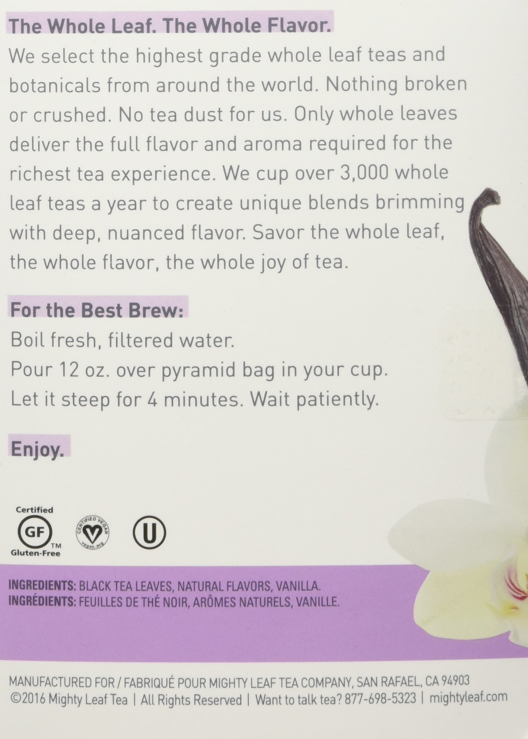 Premium Vanilla Bean Black Tea Bags - Mighty Leaf Whole Leaf Tea, 15 Pyramid Sachets, Caffeinated with Natural Flavors - Perfect for Hot Brewing or Iced Tea at Home, Office & Relaxation