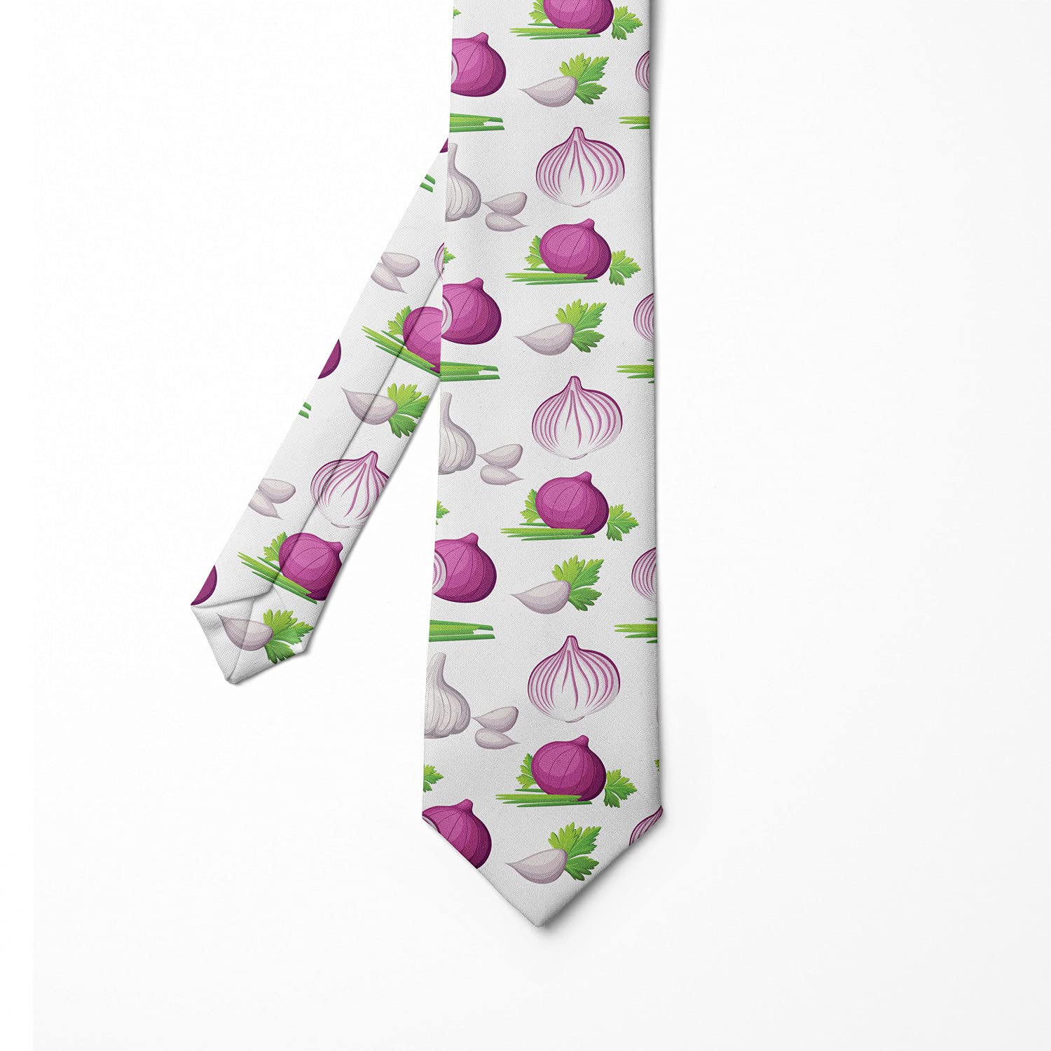 Ambesonne Men's Necktie - Sliced Onions & Garlic Print, 3.7 Inch Wide, Dark Magenta Green Skinny Tie - Perfect for Business, Office, Wedding & Formal Occasions
