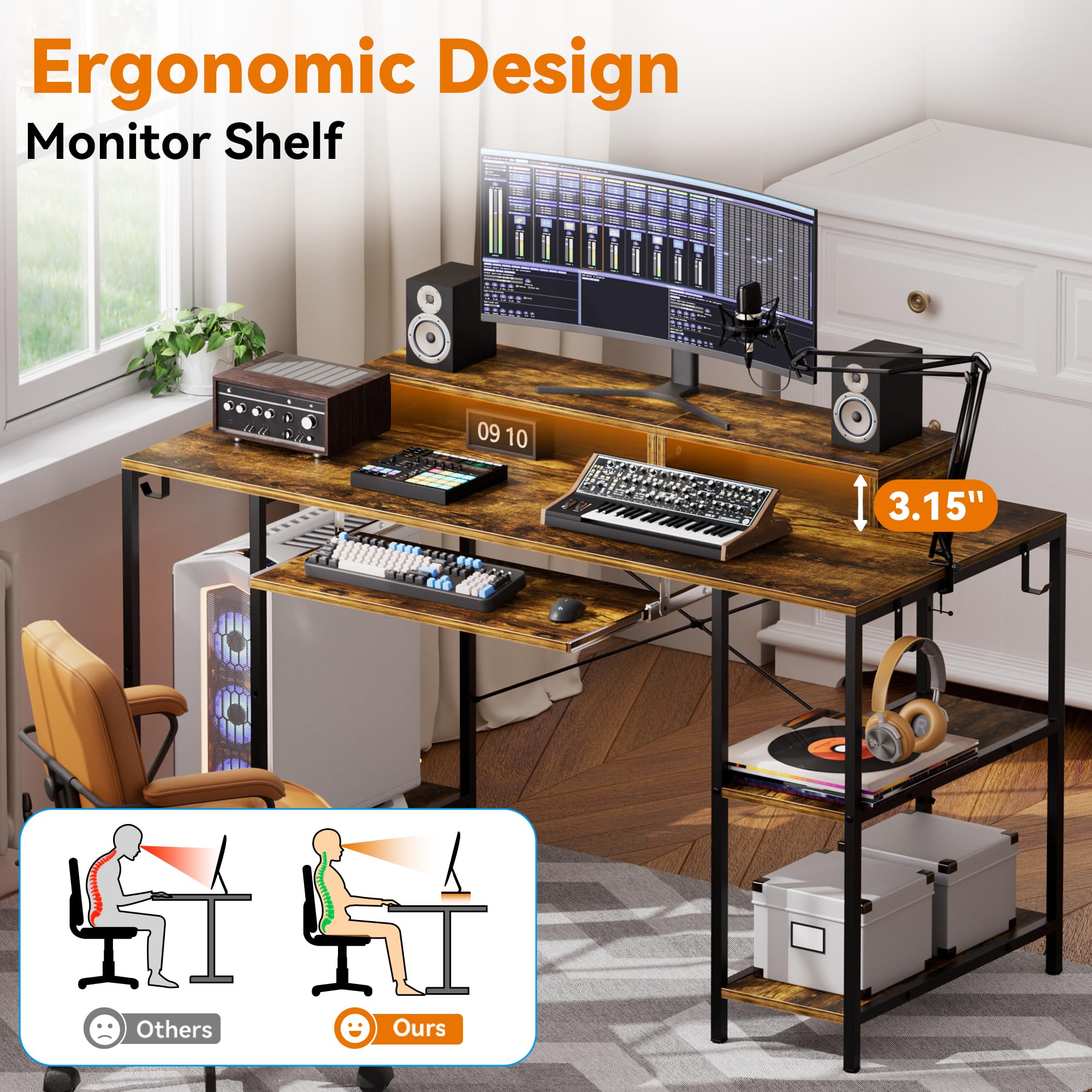 55 Inch Computer Desk with Keyboard Tray - Music Studio & Gaming Workstation with Storage Shelves, Monitor Stand & 4 Iron Hooks - Perfect for Home Office, Music Production & PC Gaming Setup