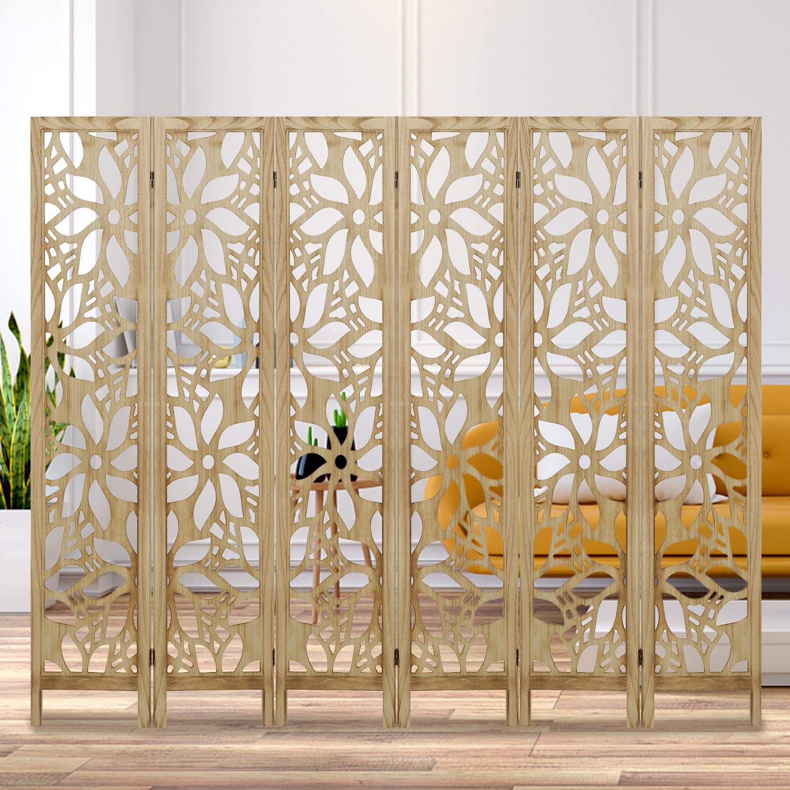 Babion 6-Panel Folding Room Divider - Portable Wooden Partition Screen with Carved Cutout Design - Modern Freestanding Privacy Screen for Bedroom, Office & Living Room - Natural Wood Color Home Decor
