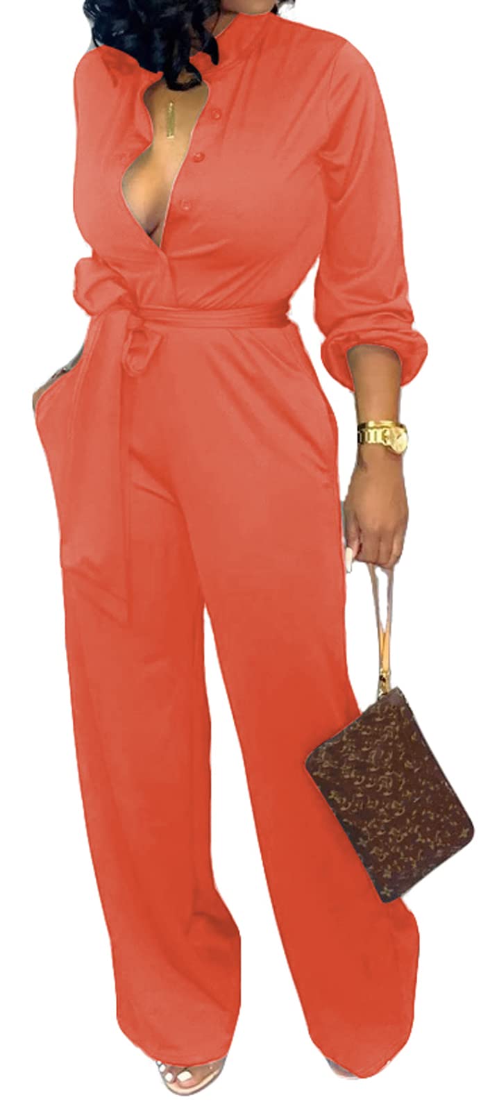 Elegant Women's V-Neck Long Sleeve Jumpsuit with Wide Leg Pants & Belt - Sexy Casual Work Outfit with Pockets | Perfect for Office, Date Night & Special Occasions