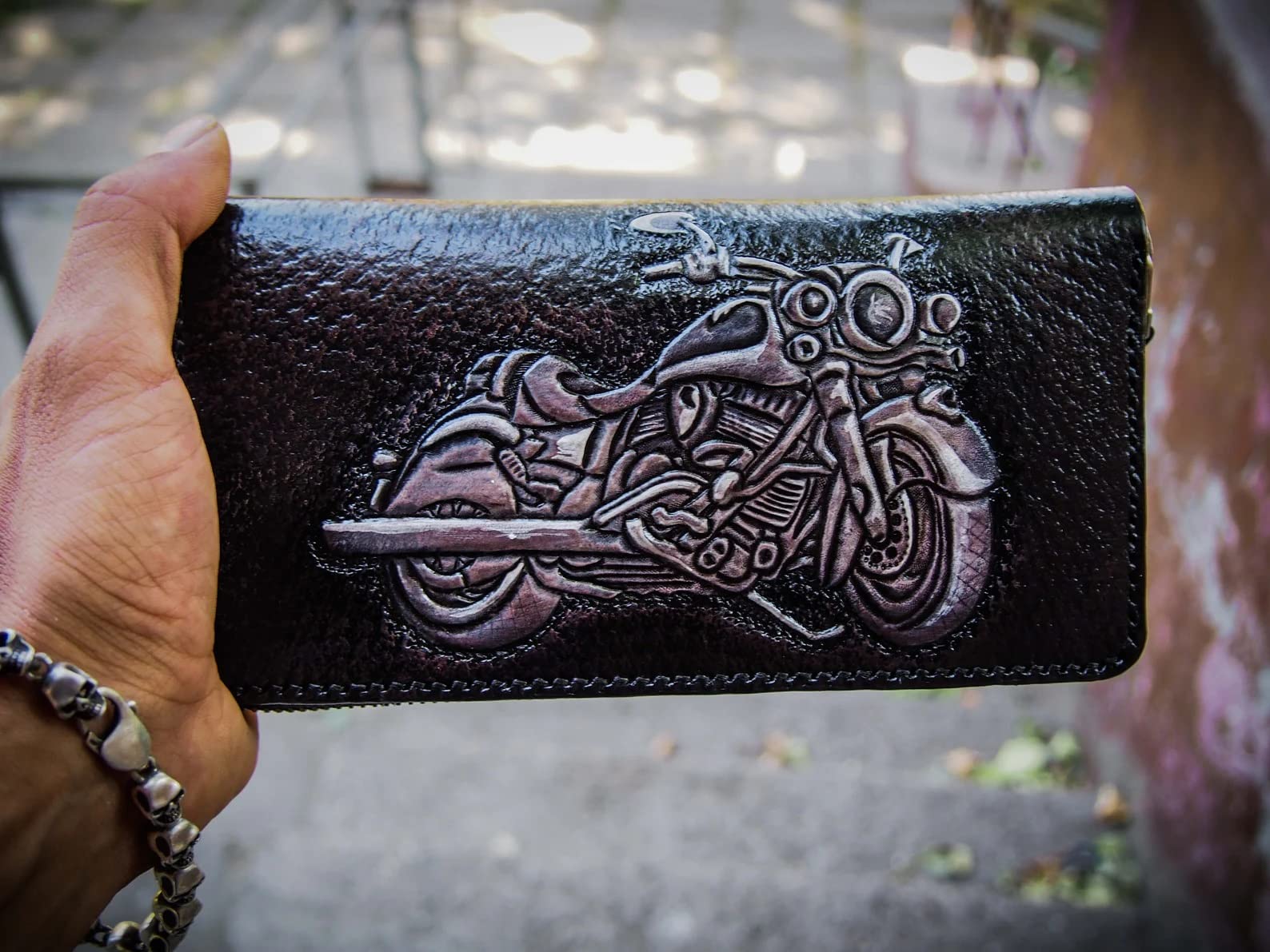 **Men's 3D Genuine Leather Biker Wallet with Zip Closure - Handmade Carved & Tooled Airbrush Art - Custom Personalized Motorcycle Wallet for Men - Perfect for Bikers, Riders & Gift Giving**