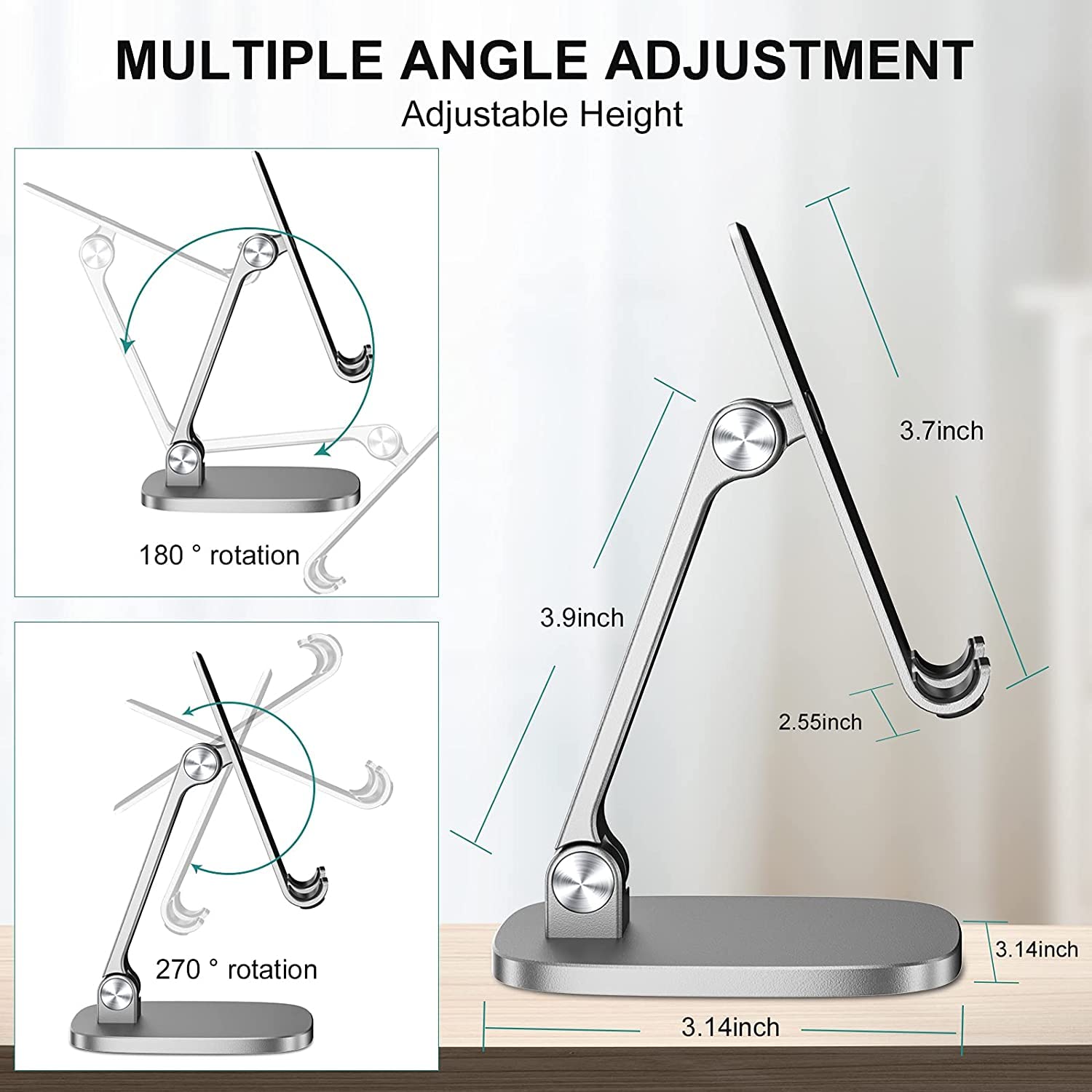 Adjustable Aluminum Phone Stand for Desk - Sturdy & Durable Smartphone Holder with Tilt & Height Control - Works with All Phones (Including Cased Phones) - Perfect for Home Office, Video Calls & Hands-Free Viewing