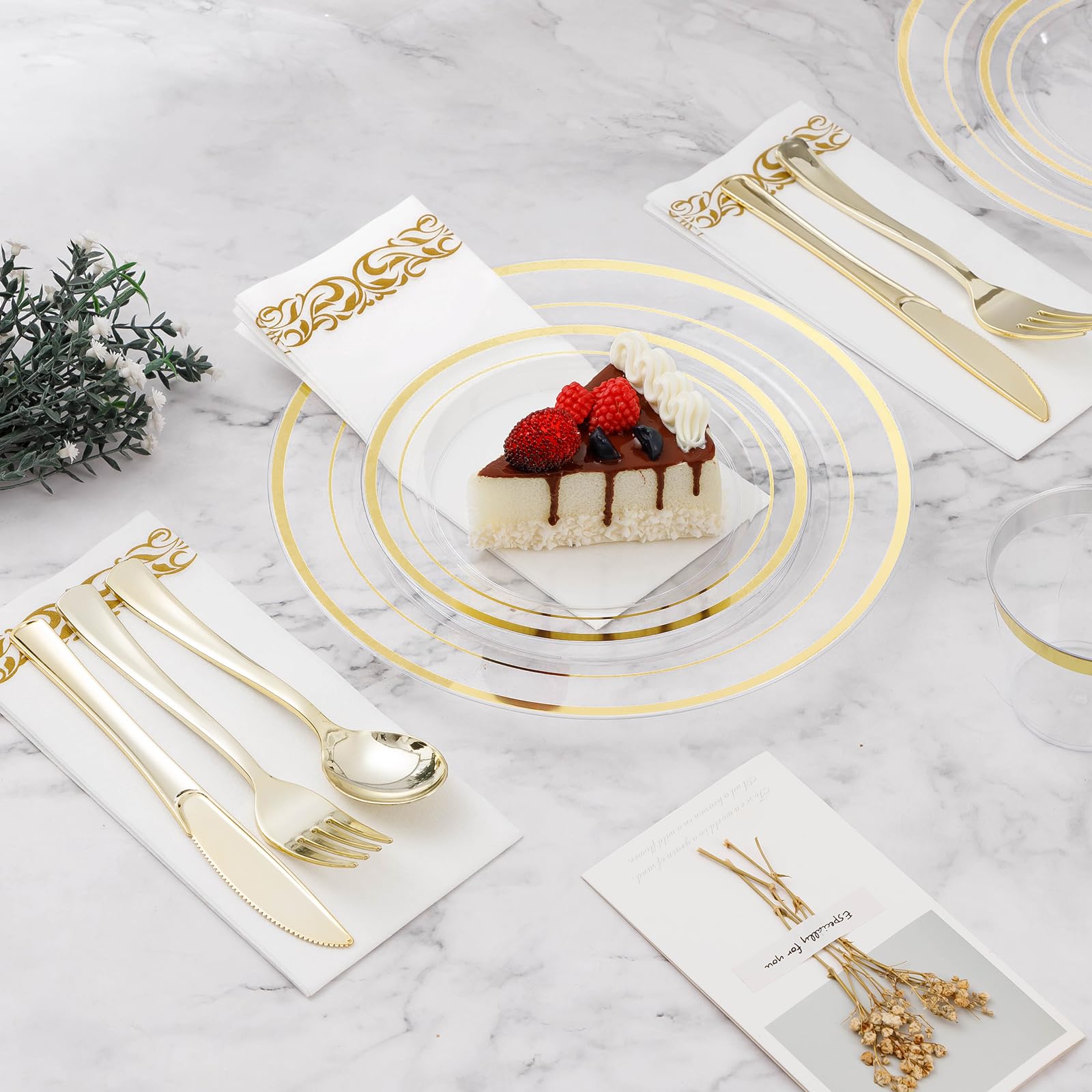 700-Piece Clear Gold Disposable Dinnerware Set for 100 Guests - Elegant Plastic Plates, Cups, Silverware & Napkins for Weddings, Parties & Events - Includes 200 Plates, 100 Gold Utensils, 100 Cups & 100 Napkins - Perfect for Birthday Celebrations, Bridal Showers & Catered Gatherings