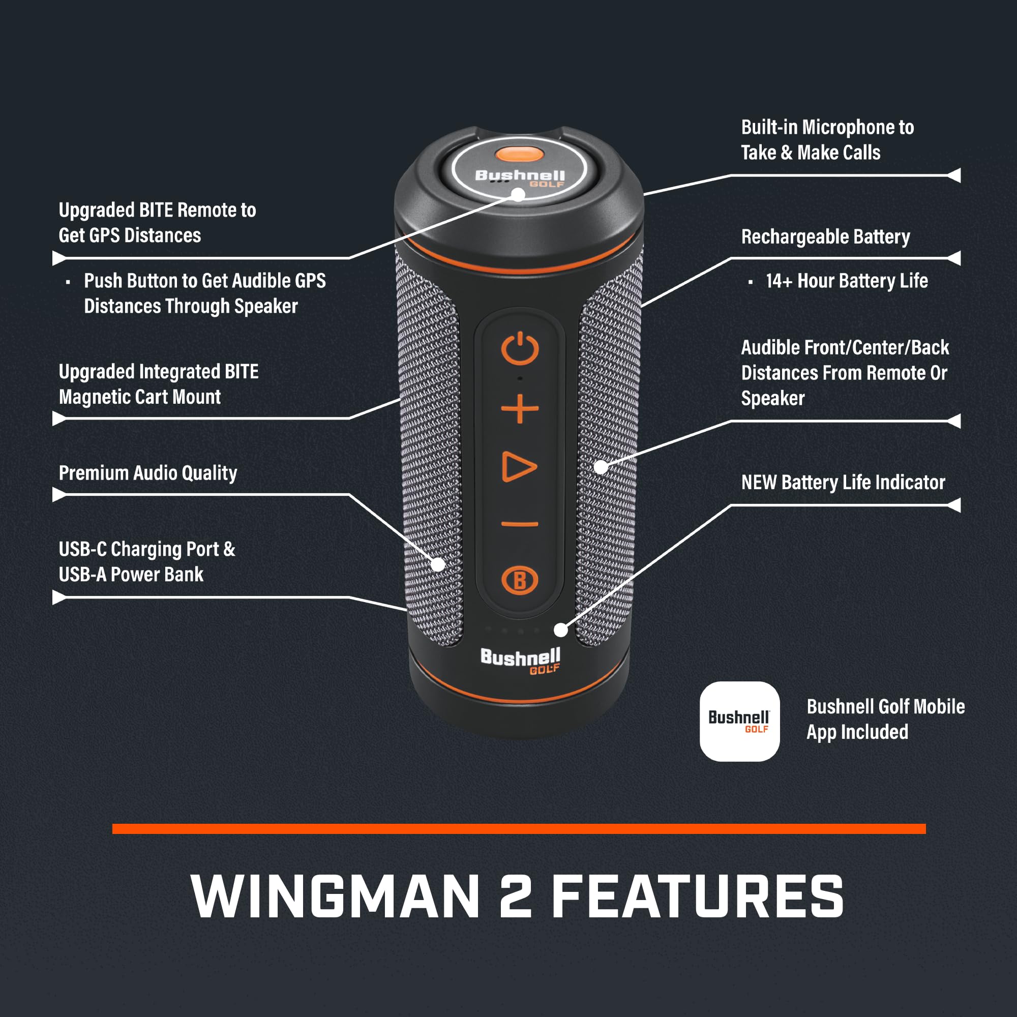 Bushnell Golf Wingman 2 Bluetooth Speaker with Audible GPS Distance Measurements - Perfect for Golf Courses, Driving Ranges & Outdoor Sports