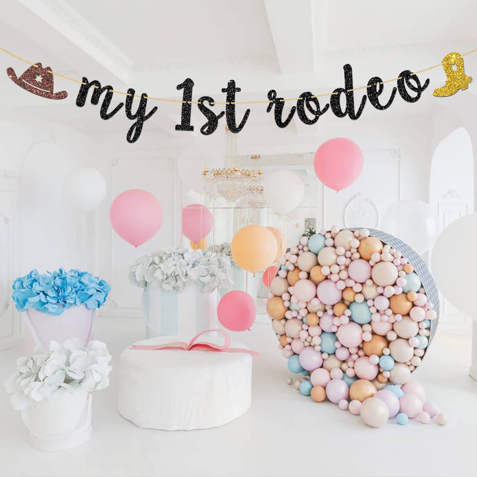 INNORU My 1st Rodeo Banner - Mexican Western Cowboy Cowgirl 1st Birthday Party Decorations with Black Glitter | Perfect for First Birthday, Baby Shower, and Western Theme Celebrations