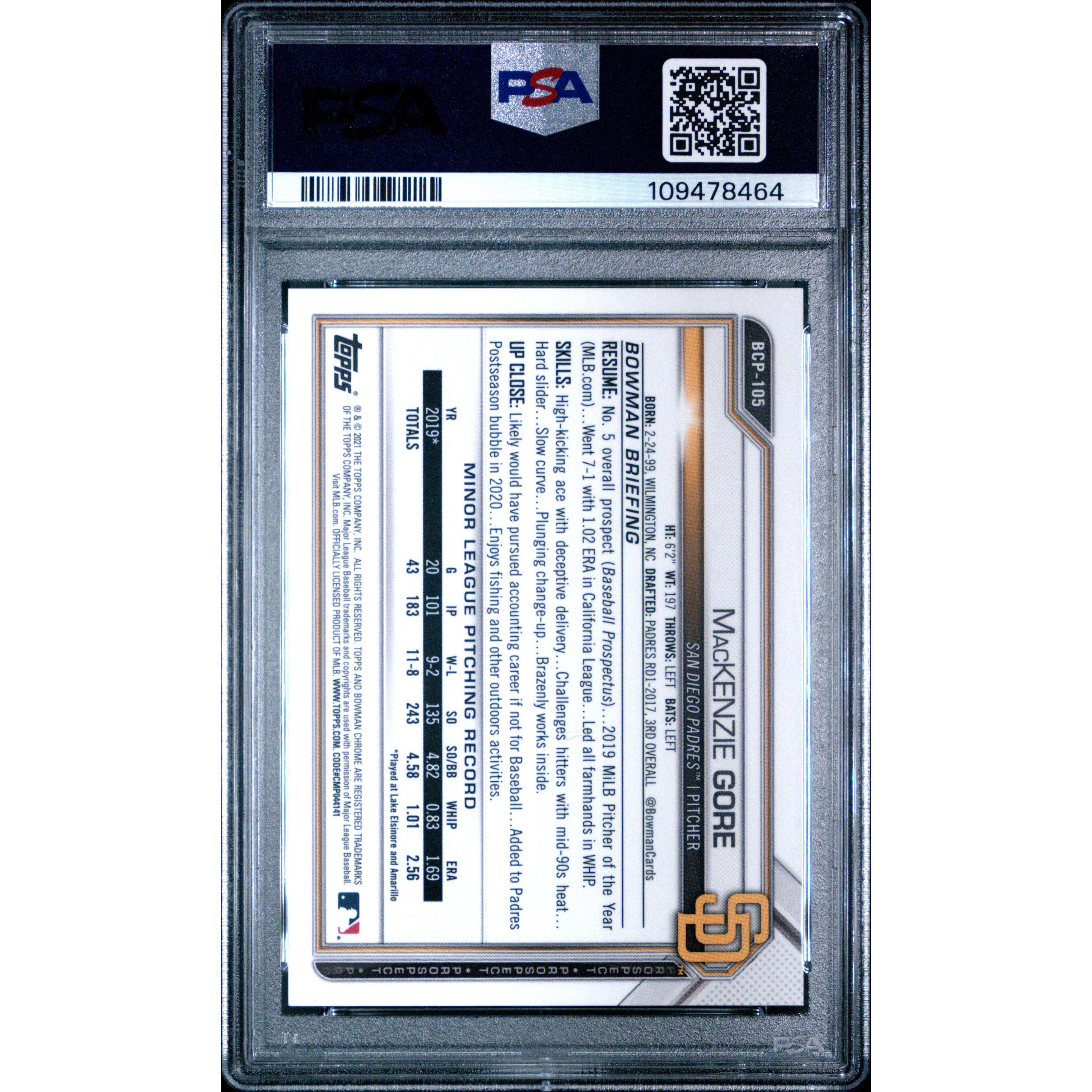 2021 Bowman Chrome Baseball Card - MacKenzie Gore Green Refractor BCP105 PSA 9 Mint Condition | MLB Rookie Prospect Collectible for Sports Memorabilia Enthusiasts | Perfect for Display Cases, Trading, and Investment Portfolios
