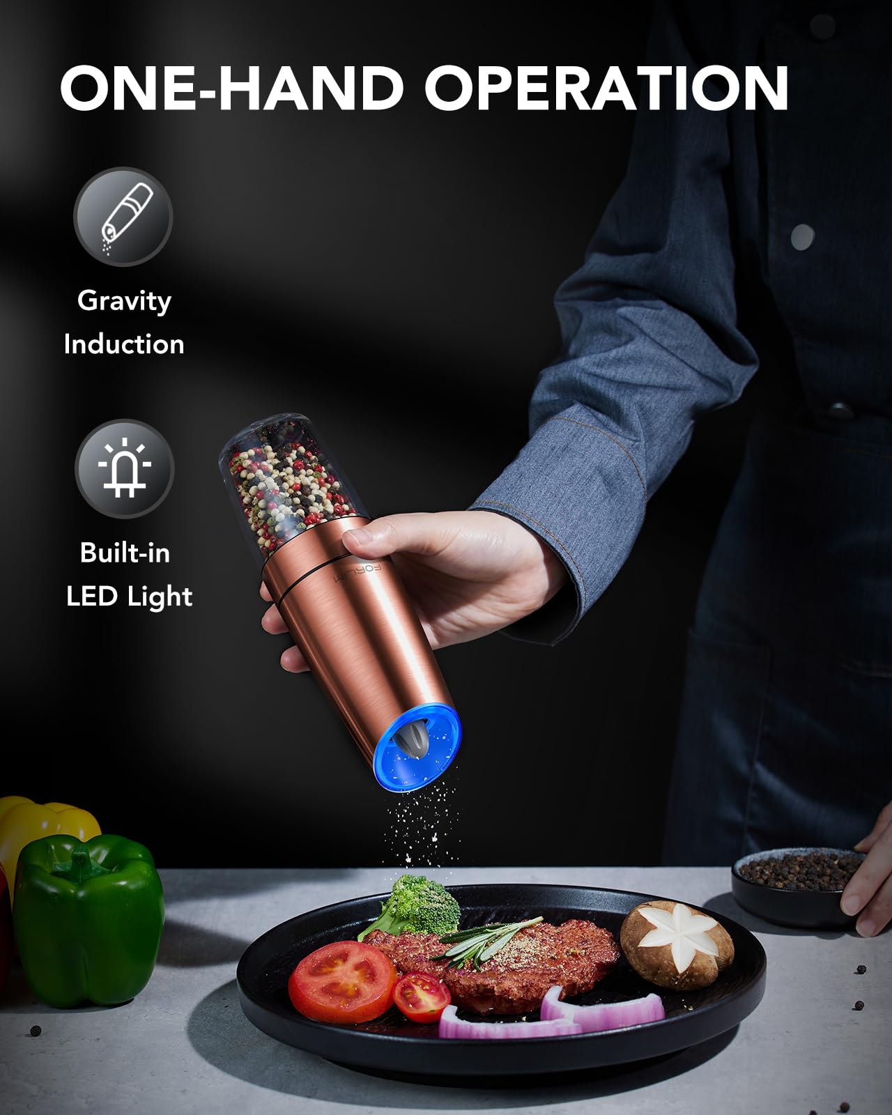 FORLIM Gravity Electric Salt and Pepper Grinder Set - Battery Powered Automatic Spice Mill with LED Light, One-Hand Operation & Adjustable Coarseness - Stainless Steel Kitchen Gadget for Cooking, Dining & Gourmet Seasoning (Golden)