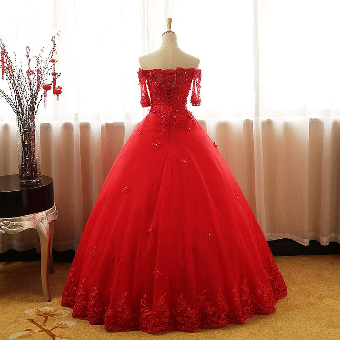 Elegant Off Shoulder Beaded Quinceanera Dress with Lace Appliques - Women's Prom Ball Gown with Half Sleeves (AR175) | Perfect for Quinceañeras, Prom Nights, Weddings & Special Occasions