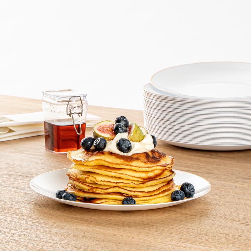 Premium 7.5 Inch Gold-Rimmed Disposable Plastic Plates - Heavy-Duty White Dinner Plates for Restaurants & Parties (40 Pack) - Ideal for Serving Warm & Cold Foods at Catering Events, Weddings & Family Gatherings