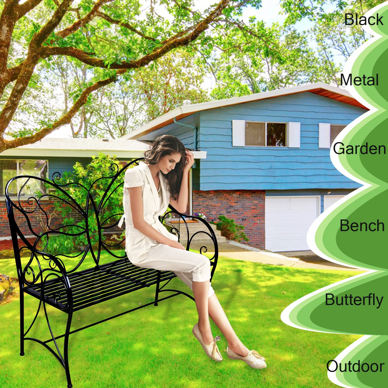 **HLC Outdoor Bench - Cast Iron Metal Garden Bench with Armrests, Double Seats in Black - Perfect for Patio, Garden, Park, Yard, Porch & Lawn Decor**