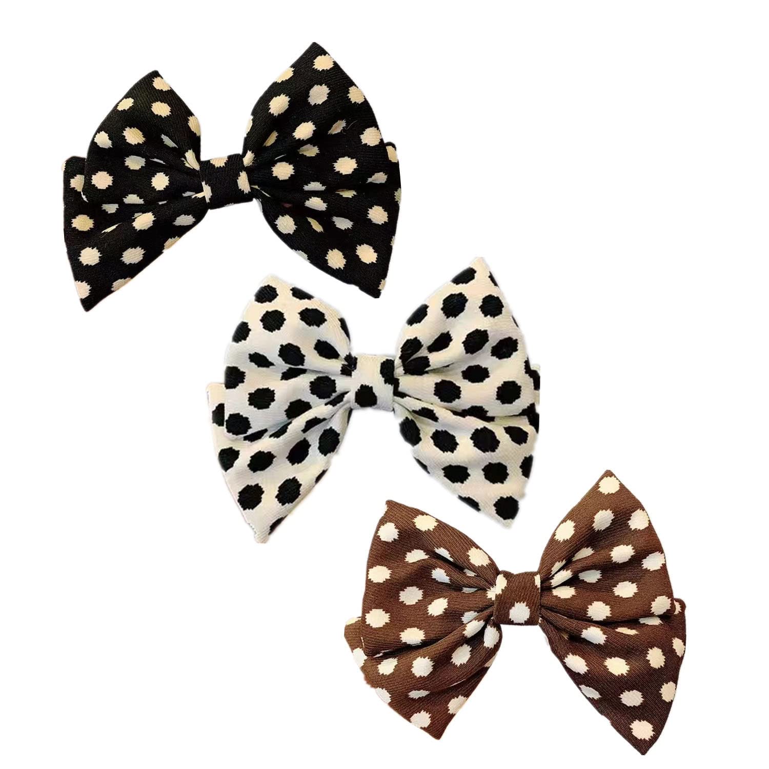 Rugelyss 3-Piece Handmade Polka Dot Bow Hair Clips - Black, Coffee & White Spring Hair Accessories for Women & Girls | Perfect for Weddings, Parties & Everyday Wear