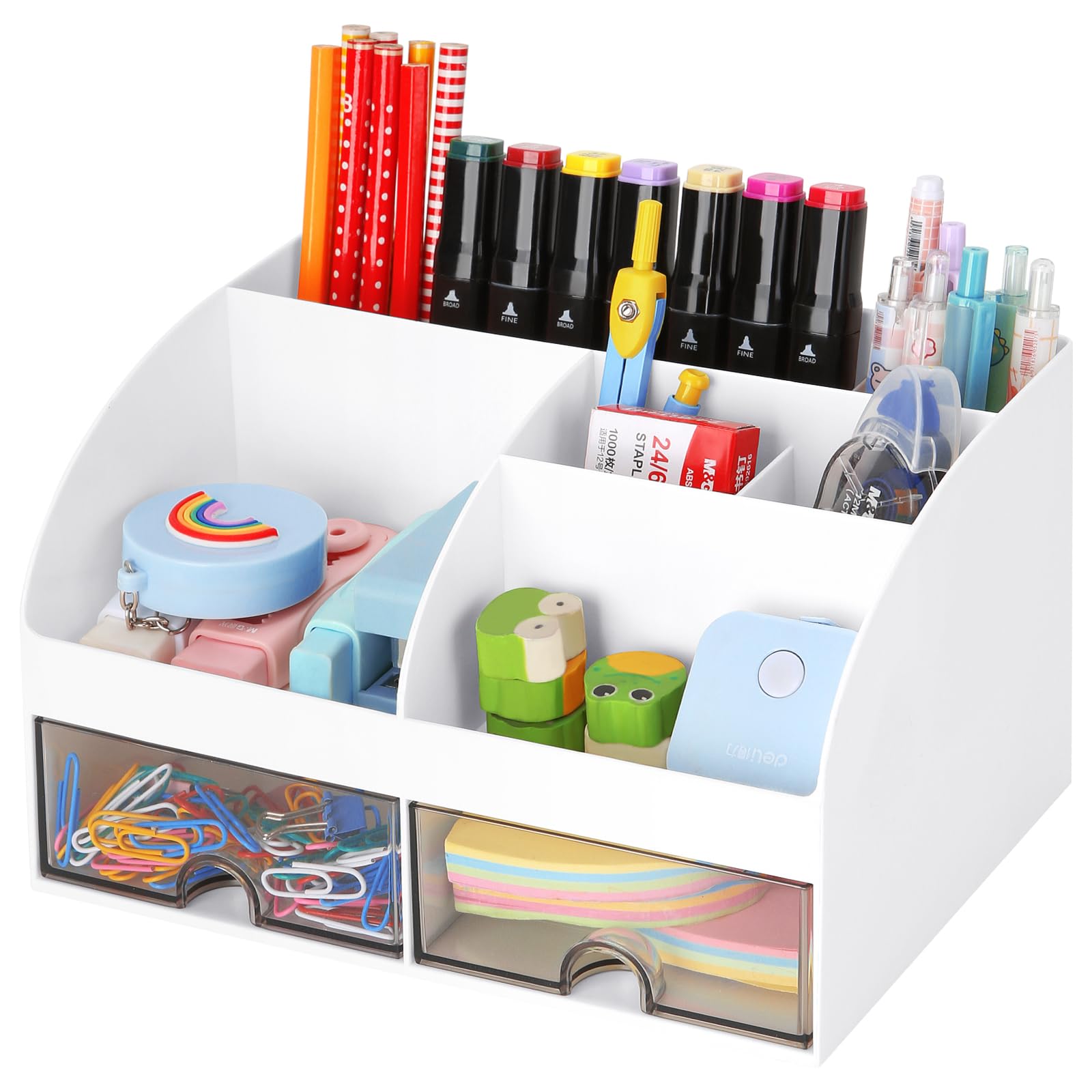 White Office Desk Organizer with Drawers - Desktop, Tabletop & Counter Storage for Pens, Pencils, Business Cards, Sticky Notes & Paperclips | Perfect for Home Office, Study & Workspace Organization