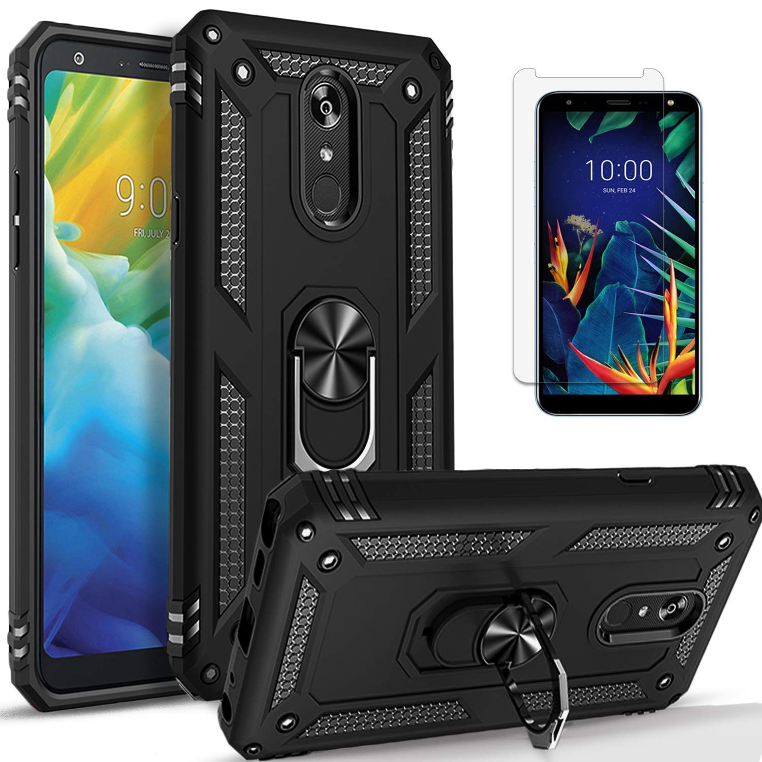 LG Stylo 5 Phone Case with Tempered Glass Screen Protector - Military Grade Shockproof Cover with Rotating Ring Holder & Kickstand (Black) - Compatible Only with Stylo 5, Not for Stylo 4/6 - Perfect for Outdoor Activities, Work & Travel Protection