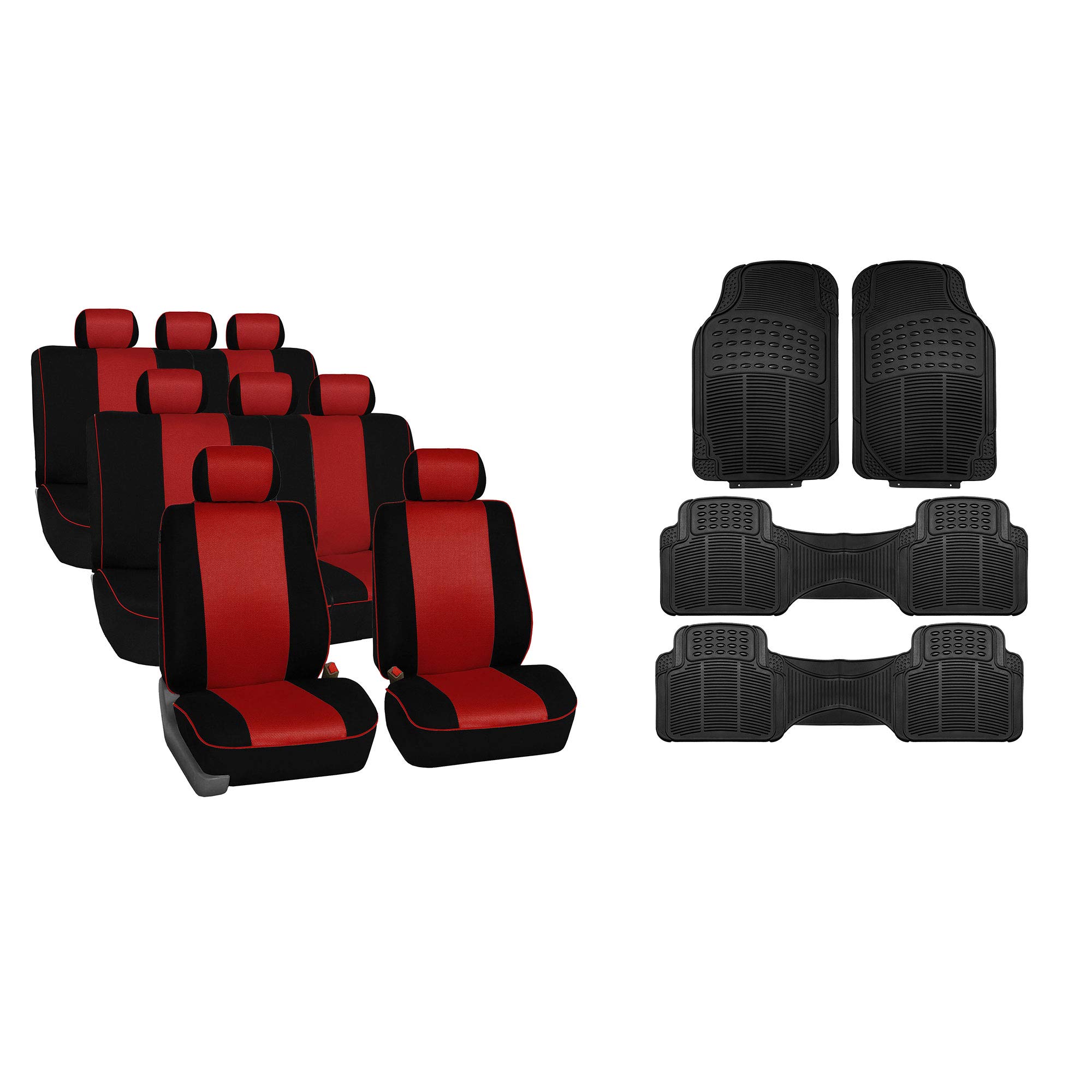 TLH Edgy Piping Style Red 3-Row 8-Seater Car Seat Covers - Airbag Compatible Split Bench Automotive Interior Accessories with Durable Trimmable Vinyl Floor Mats | Perfect for SUVs, Minivans & Family Vehicles