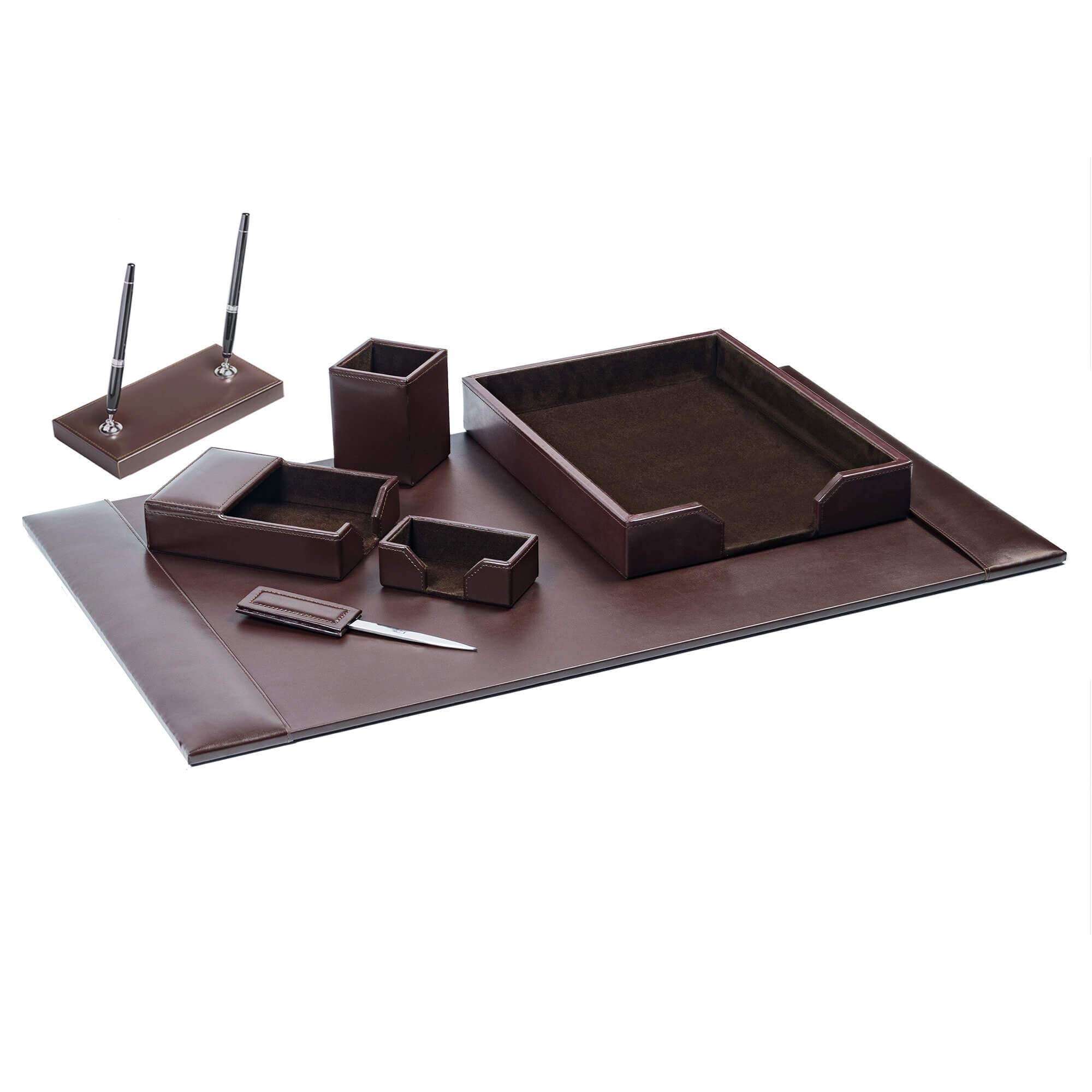 Premium 7-Piece Dark Brown Leather Desk Pad Set with Organizer - Luxurious Bonded Leather Office Desk Mat & Essential Accessories for Home & Office Workspace