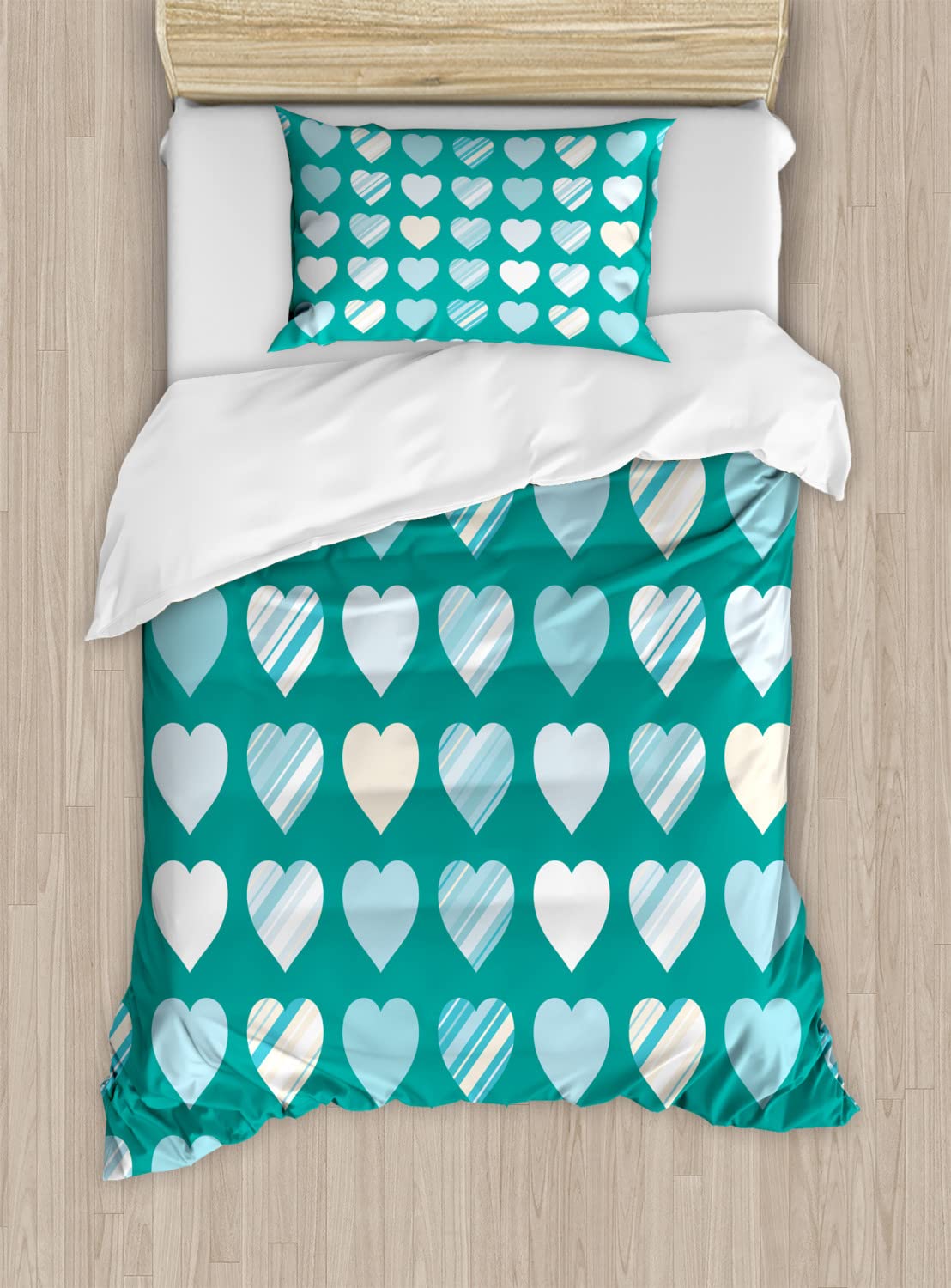 Ambesonne Romantic Duvet Cover Set - Heart Lovers Design, Twin Size 2-Piece Bedding Set with 2 Duvet Covers & 2 Pillowcases in Jade Green Seafoam Cream | Perfect for Valentine's Day, Anniversary Gifts & Couples Bedroom Decor