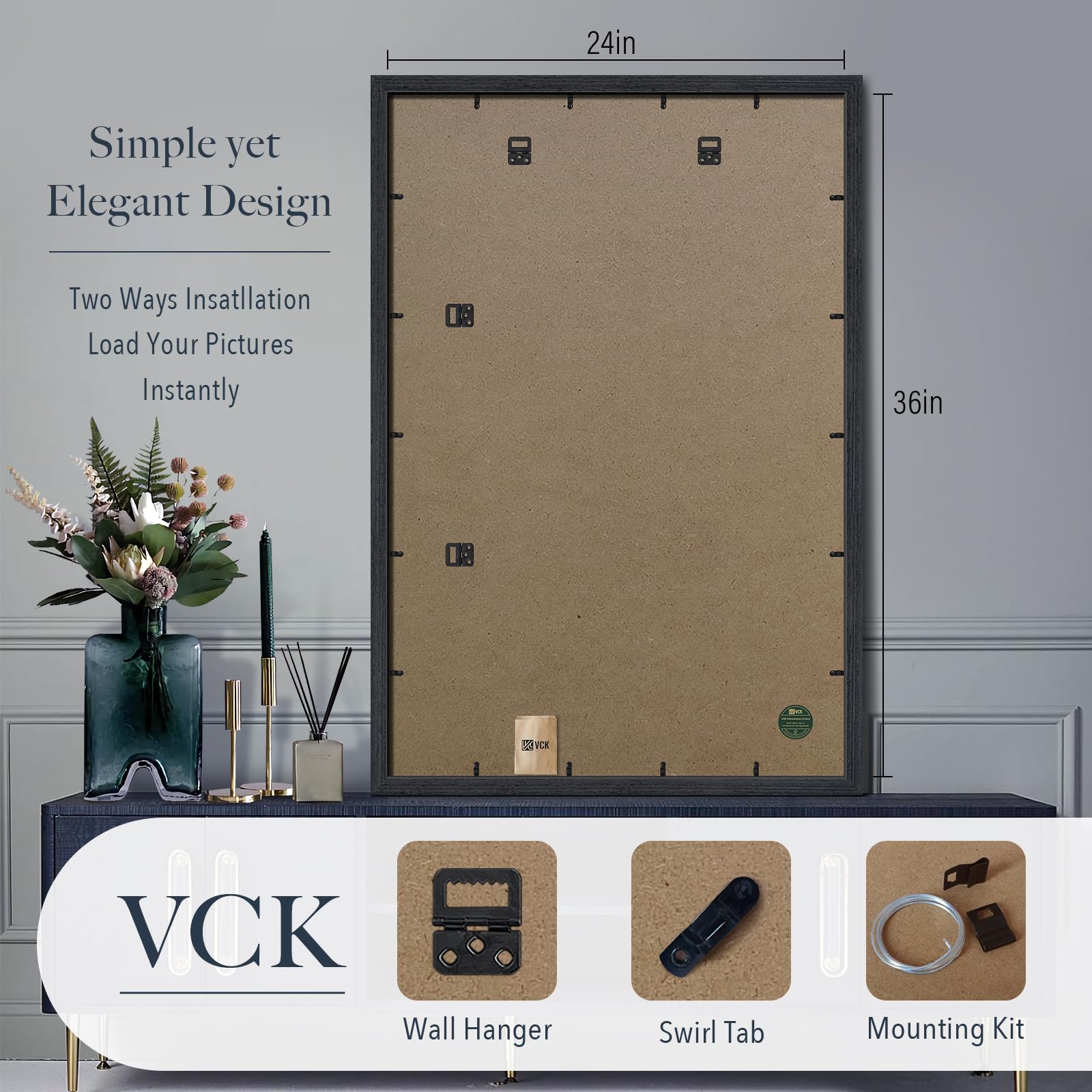 VCK 24x36 Black Oak Poster Frame 3 Pack - Natural Textured Solid Wood Picture Frames for Wall Hanging | Perfect for Home Decor, Office Art Display & Photo Gallery Arrangement