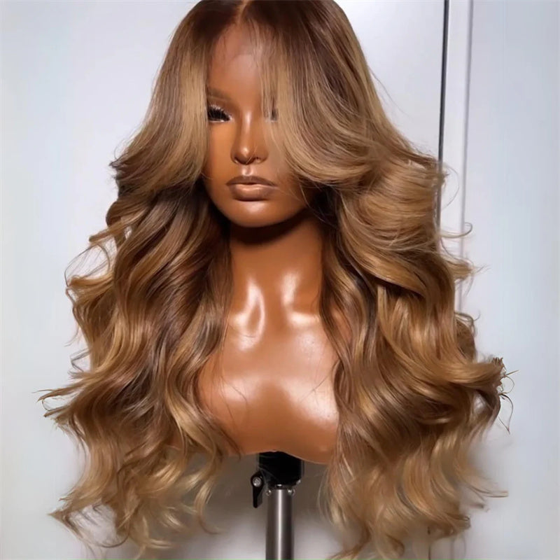 Eullair 13x4 Brown with Blonde Human Hair Lace Front Wig - Glueless Body Wave Wig with Curtain Bangs for Black Women | Natural Look for Daily Wear, Parties & Special Occasions