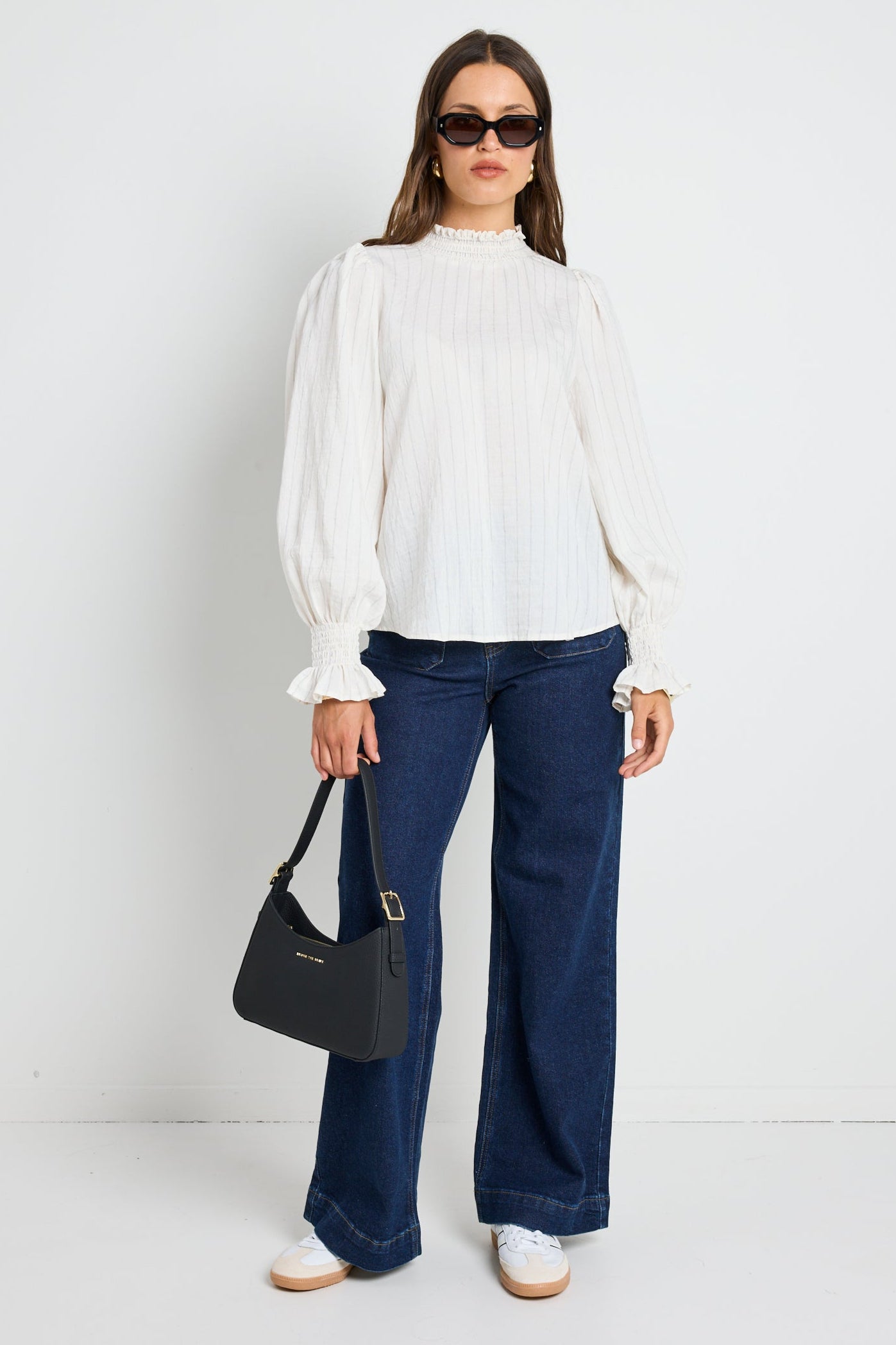 Emphatic Ivory Stripe High Neck Blouse for Women - Elegant Long Sleeve Tops for Work, Party & Casual Wear