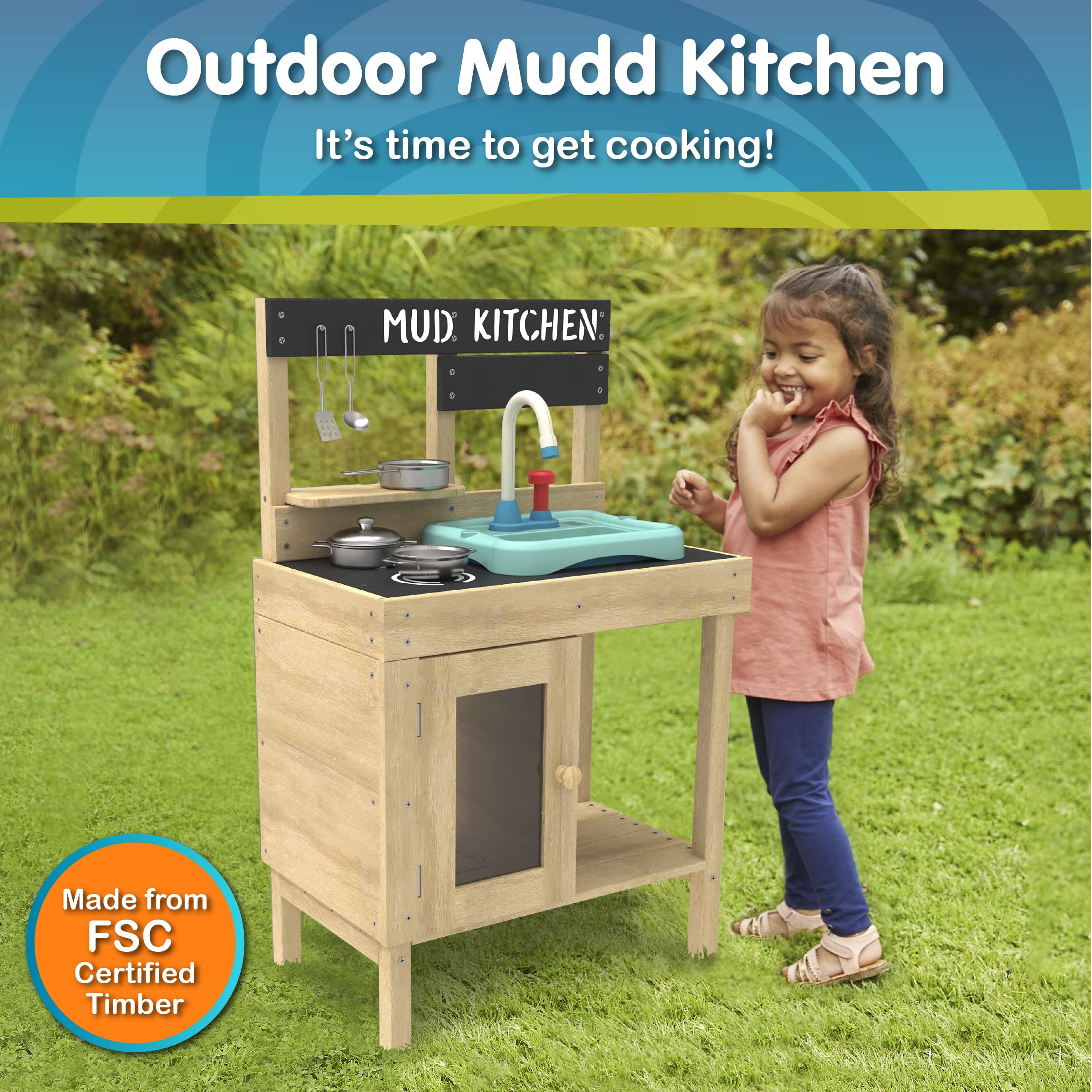 TP TOYS TP671 Splash & Play Wooden Kids Play Kitchen - 93.5 x 40 x 12.5 cm Pretend Cooking Toy for Toddlers - Perfect for Indoor Pretend Play, Birthday Gifts & Early Childhood Development